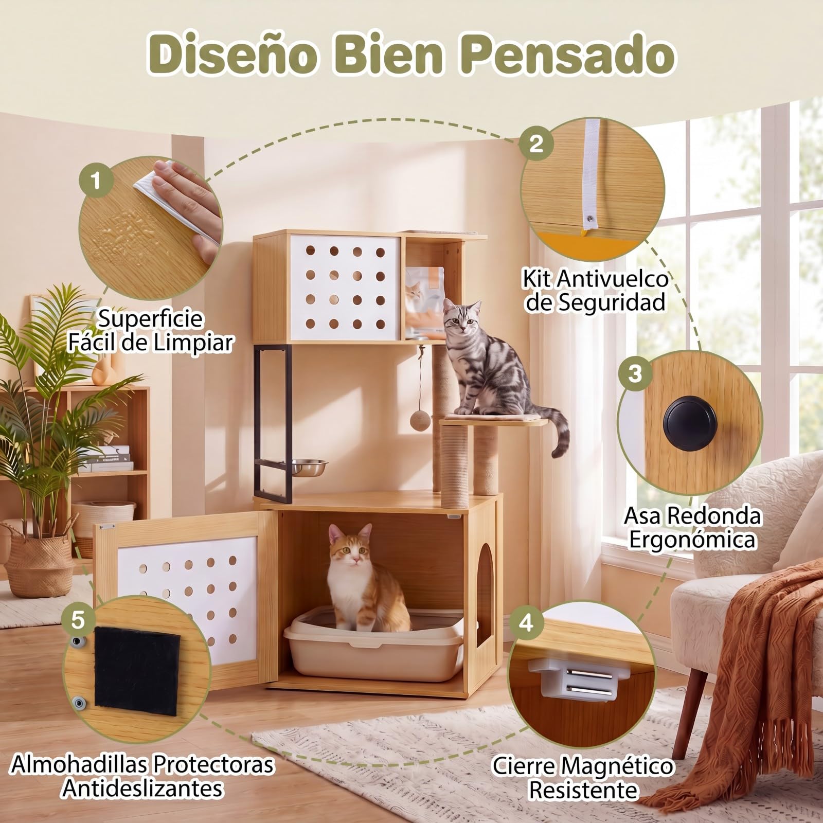 GOPLUS Árbol Rascador para Gatos de Múltiples Niveles, Altura 117,5 cm, Torre para Gatos con Recinto para Caja de Arena, Postes Rascadores de Sisal, Condo, Alimentación y Bola Colgante (Natural)