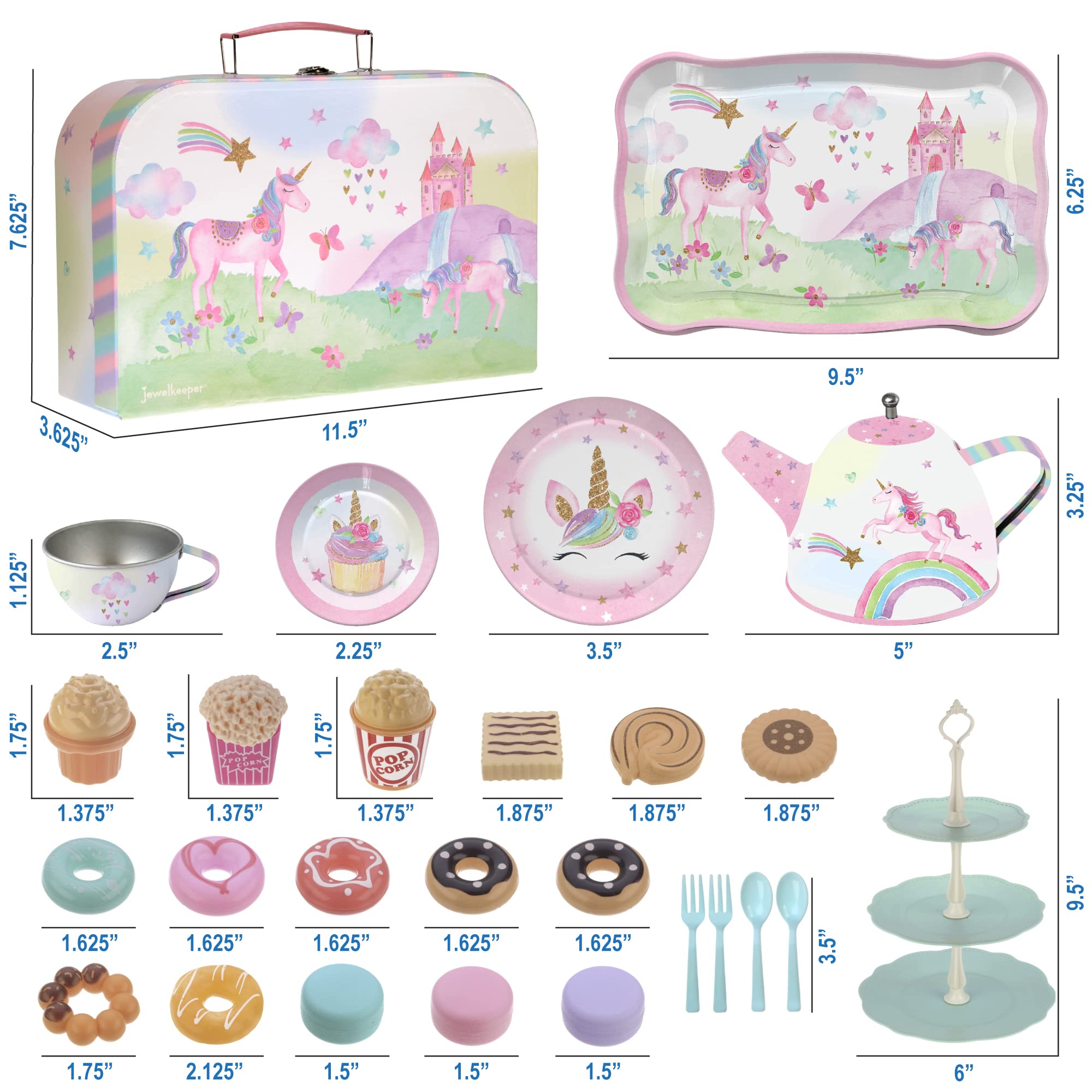 Jewelkeeper Regenbogen Einhorn Design Teeservice Set - 42-teiliges Zinn Tee Set für Kinder mit Lebensmitteln & Tragekoffer, Englisches Spielgeschirr für die Kinderküche