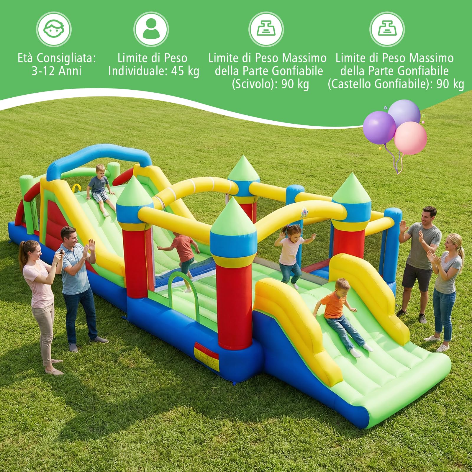 COSTWAY Castello Gonfiabile per Bambini, Parco Giochi Gonfiabile con Scivolo Lungo e Trampolino, Pali Ostacolo, Parete Arrampicata e Palline Oceaniche, per Bambini 3-12 Anni (Con Soffiatore)