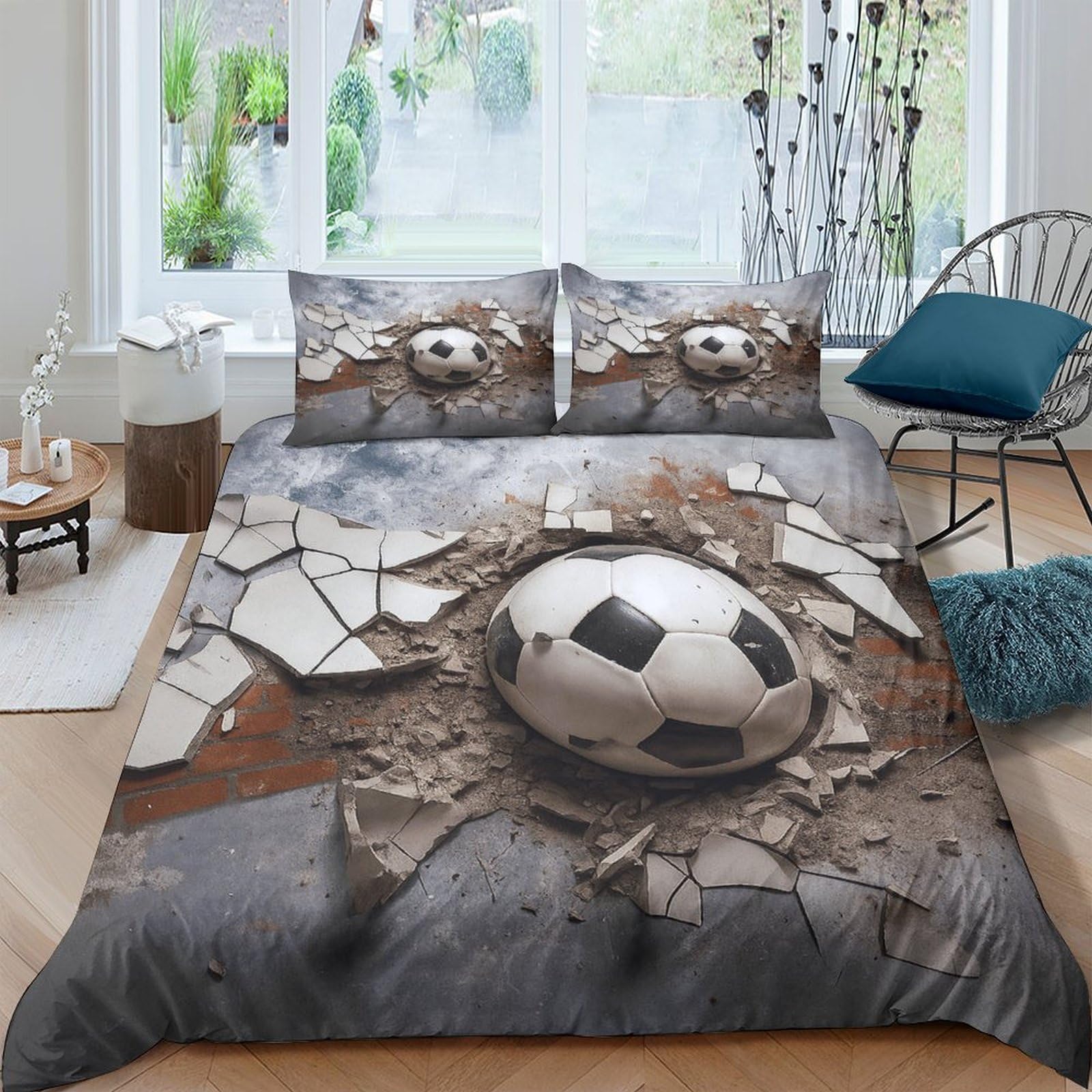 Ctjqhvkz Style-7 3D Printed Soccer Ball Fitted Sheet Microfiber Anti-Slip Cracked Wall Bed Cover For Bedroom Dorm Mattress Decor Washable Single（135X200cm）