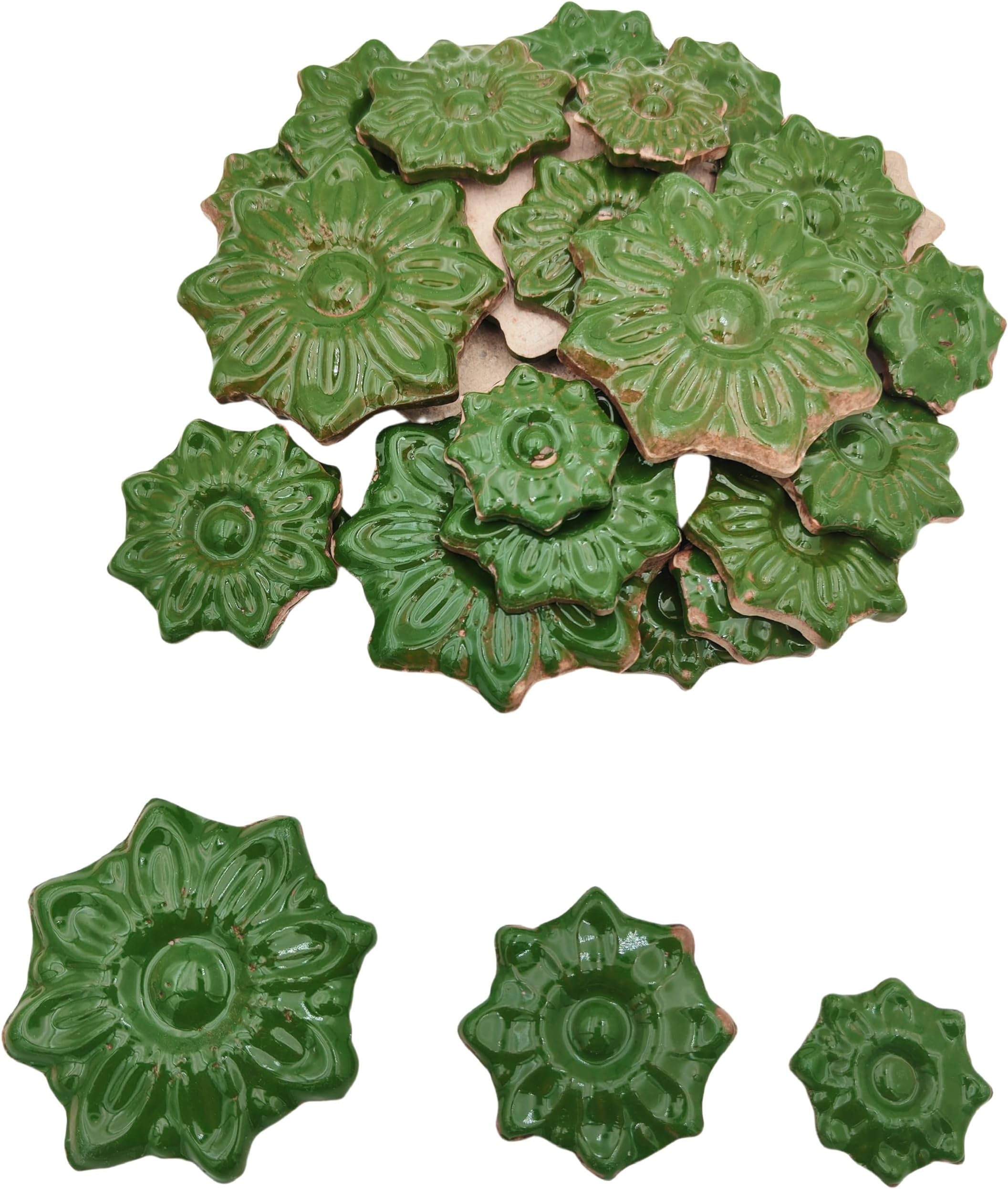 500g Random Ceramic Mosaic Tiles for Crafts, 3 Sizes, Mosaic Pieces for Plates, Flower Pots, Home and Outdoor Decoration (Dark Green, Flower)
