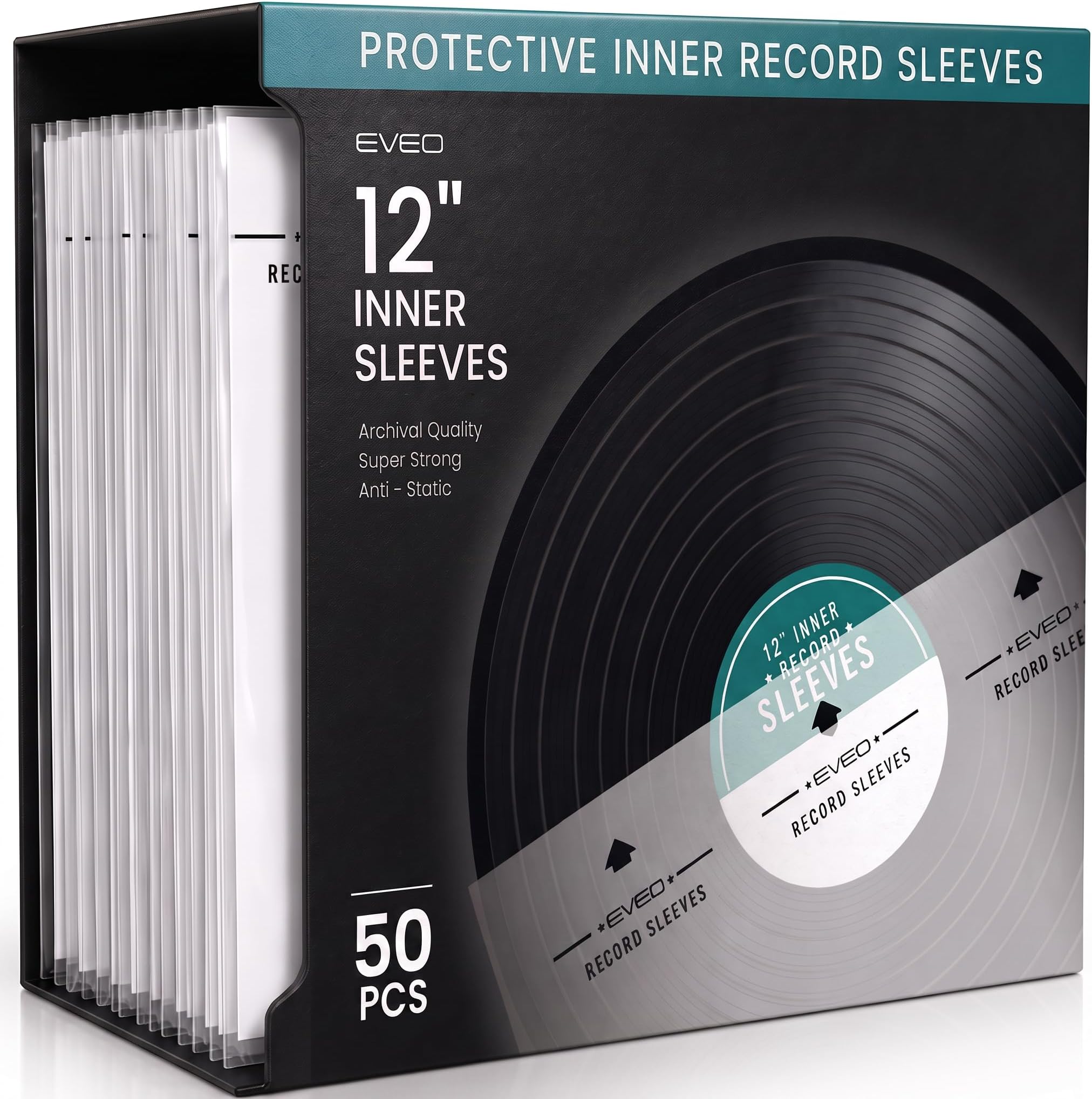 EVEO 50 Vinyl Inner Sleeves for Vinyl Records - Rice Paper Anti-Static LP For 12" Records - Record Sleeves inner Crystal-Clear Protection and Premium Quality - Archival Grade