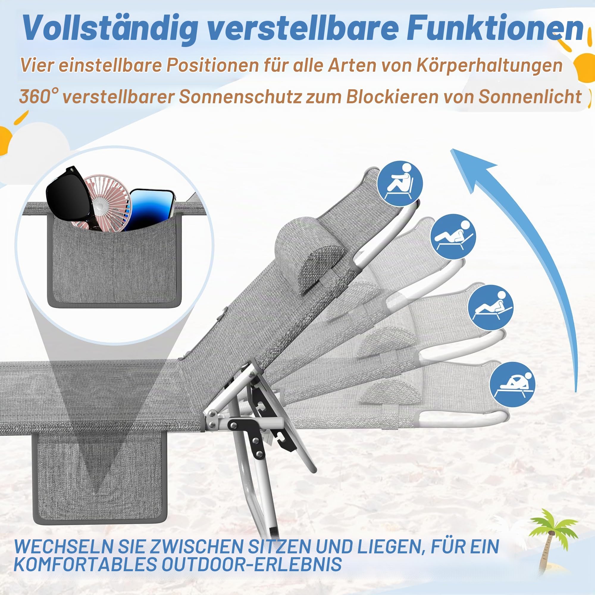 LZQ 2X Sonnenliege Liegestuhl Klappbar mit Sonnendach & Seitentasche, Gartenliege aus 600D Oxford-Gewebe, 194x68x30 cm, für Terrasse, Balkon, Camping & Outdoor, Belastbar bis 100 kg (Leinen Grau)