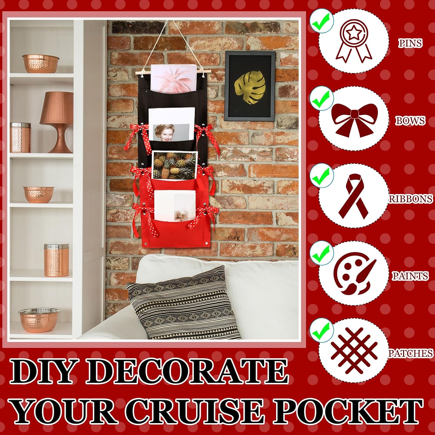 2 Pcs Fish Extender Cruise Hanging Organizer with 4 Pockets and 5 Yard Red Polka Dot Ribbon Travel Door Area Cabin Storage Bag 2026 Fe for Exchange Gift Pixie Dusting(Black,Red)