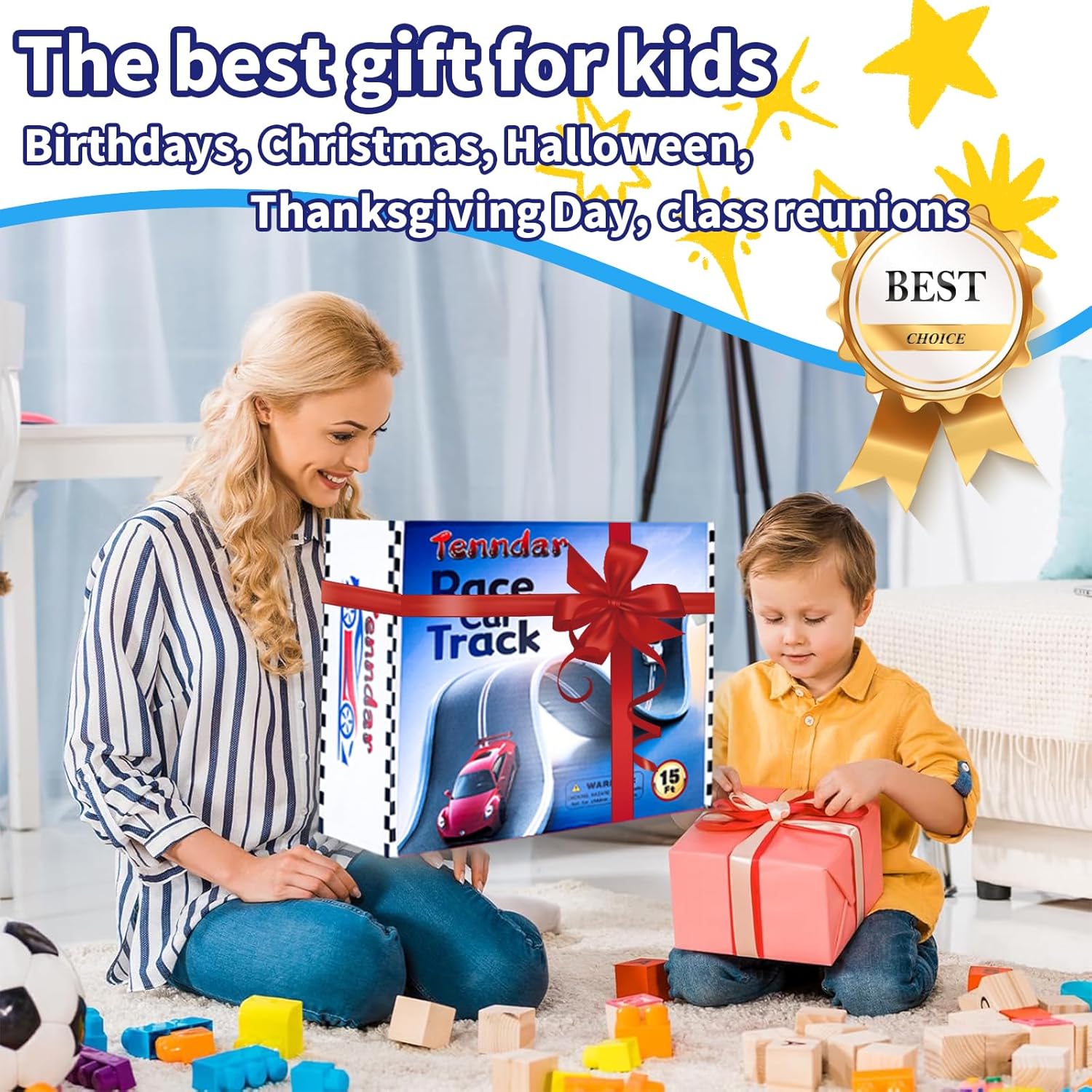 Flex Track 15 Ft Starter Set – Flexible Race Car Ramp Track for Kids, Double-Sided Racetrack for 1:64 Diecast Cars and Similar Toy Cars, Ages 3 & Up with Suction Cups，Blue