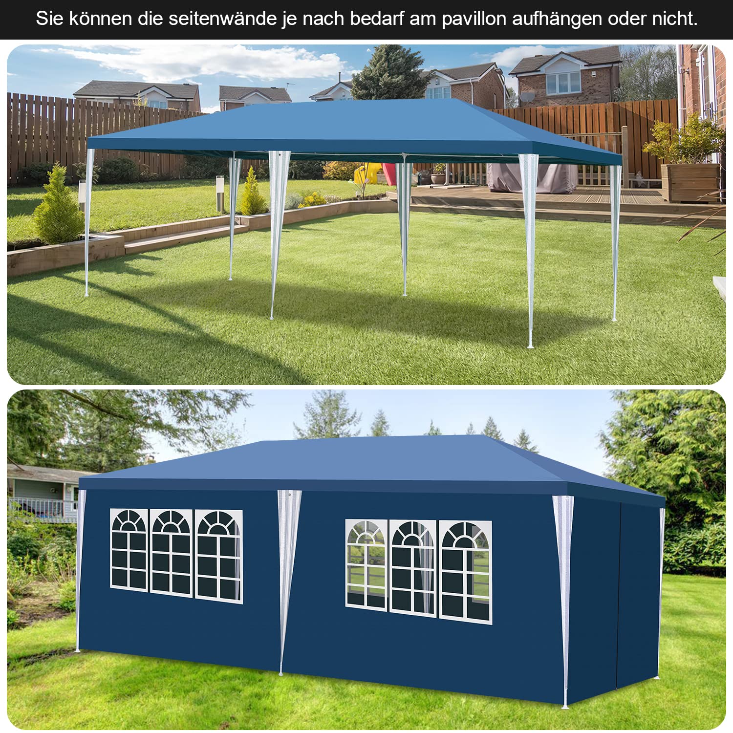 Gimisgu Pavillon Wasserdicht Gartenpavillon 3x6m UV-Schutz mit 6 Seitenteilen und Fenstern Hochwertiges Partyzelt Gartenzelt Blau für Garten Party Familientreffen
