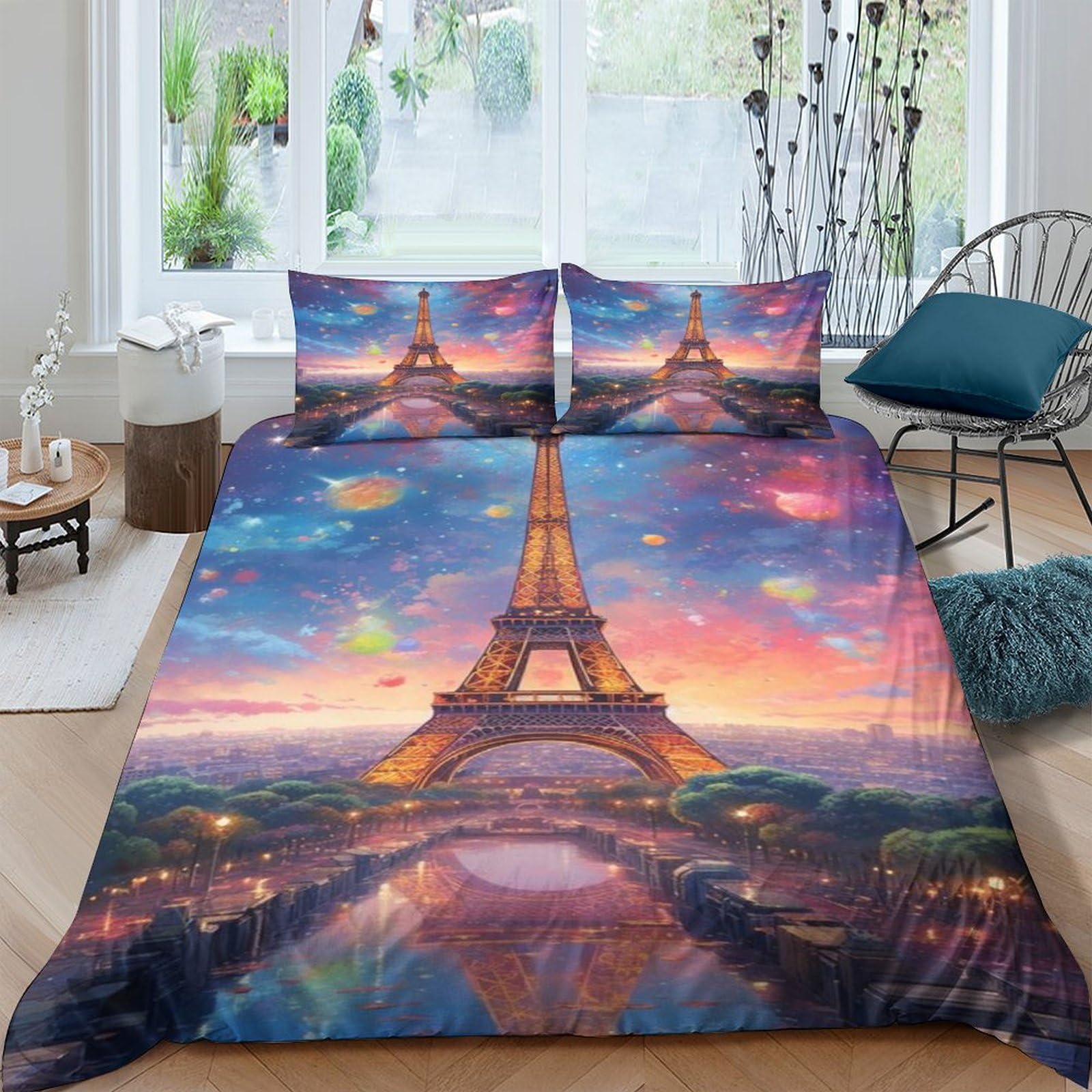 Aaharya Eiffel Tower Paris 3D Night View Duvet Cover, Soft & Cosy Polycotton Quilt Bedding Sets With Pillow Case Double（200X200cm）