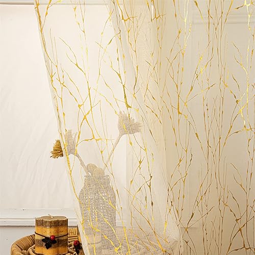 Deeprove Juego de 2 paneles de cortinas traslúcidas color crema de 84 pulgadas de largo, rama de árbol, estampado dorado metálico para dormitorio,