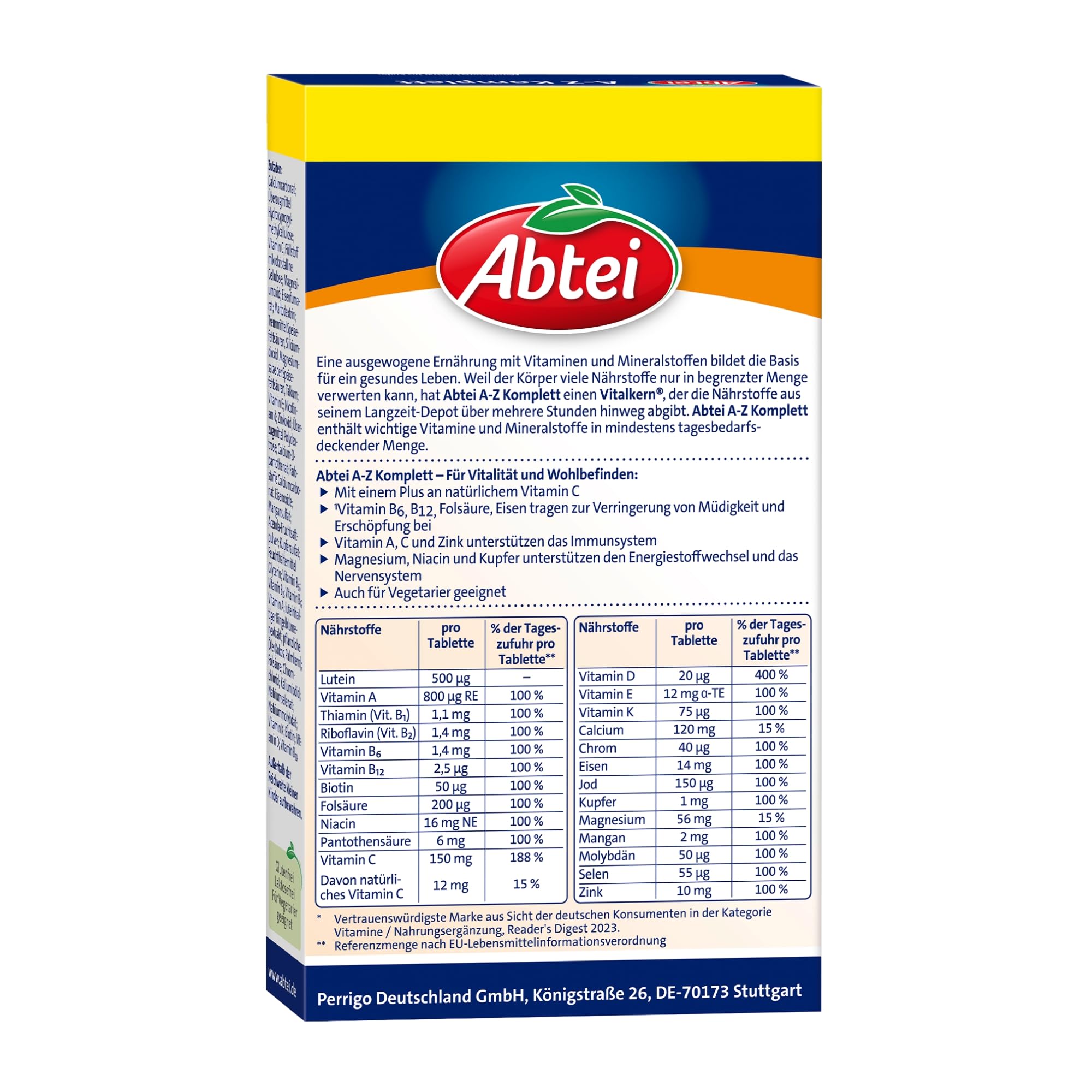 ABTEI A-Z Komplett Langzeit-Multivitamine – Multivitamintabletten mit 24 Vitaminen und Mineralstoffen – für das Wohlbefinden – vegetarisch – Vorratspackung – 120 Tabletten für 4 Monate