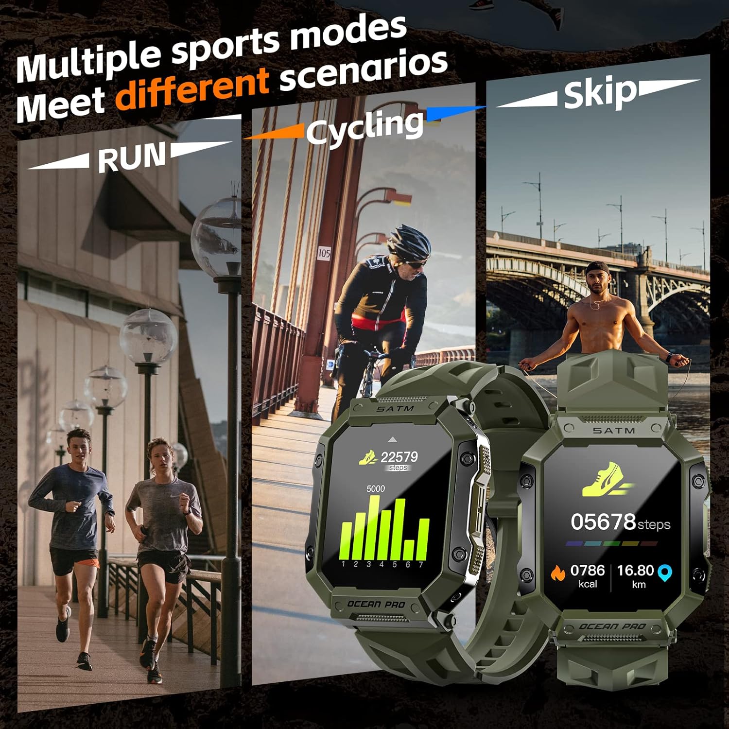 Image showing the LOKMAT Smart Watch tracking various sports modes like running, cycling, and skipping, with on-screen data for steps and calories.
