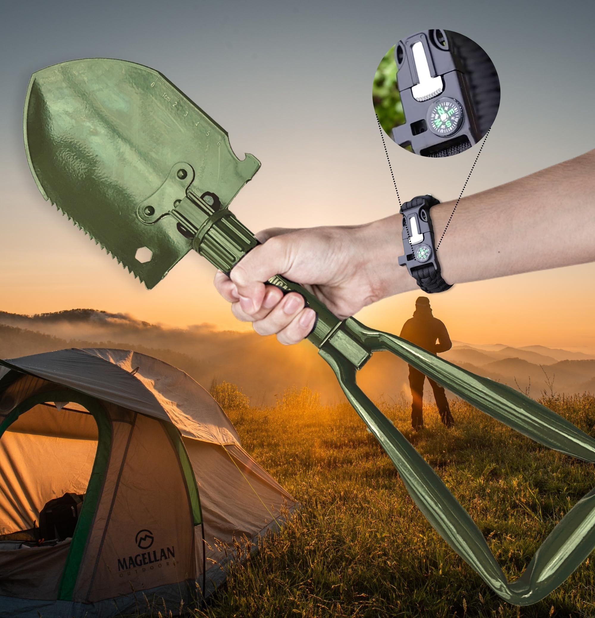 Pala plegable de camping, regalo para hombres para cumpleaños, pala de jardín, pala de acero al carbono resistente, regalo para papá para el día del padre, regalo del día del padre (oliva-46)