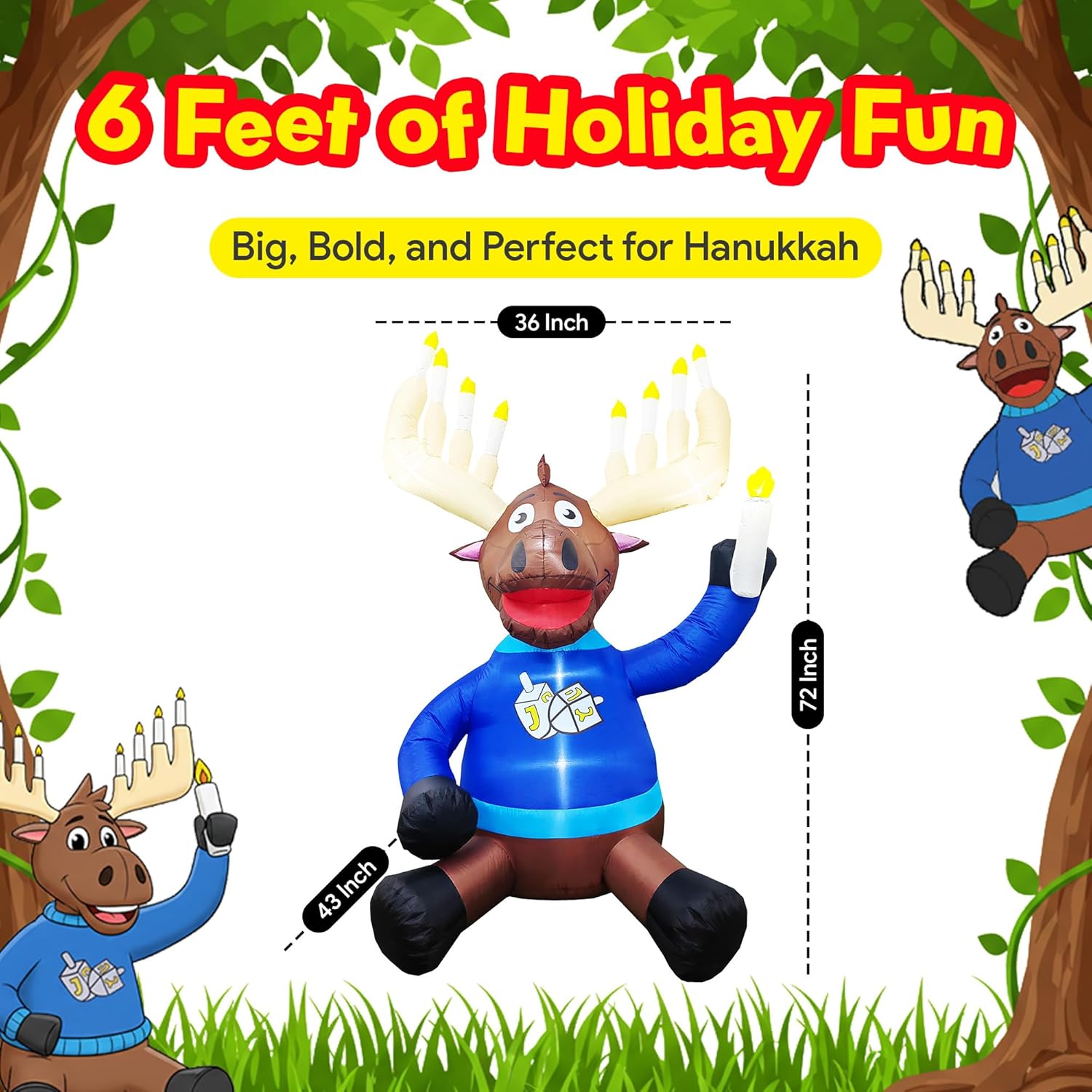 Macabee Moose 6 FT Inflatable Hanukkah Decorations – Blow Up Hanukkah Decorations for Outdoor Use, Hanukkahs Inflatables Outdoor with LED Lights, Festive Hanukkahs Yard Decor for Home, Garden, Patio
