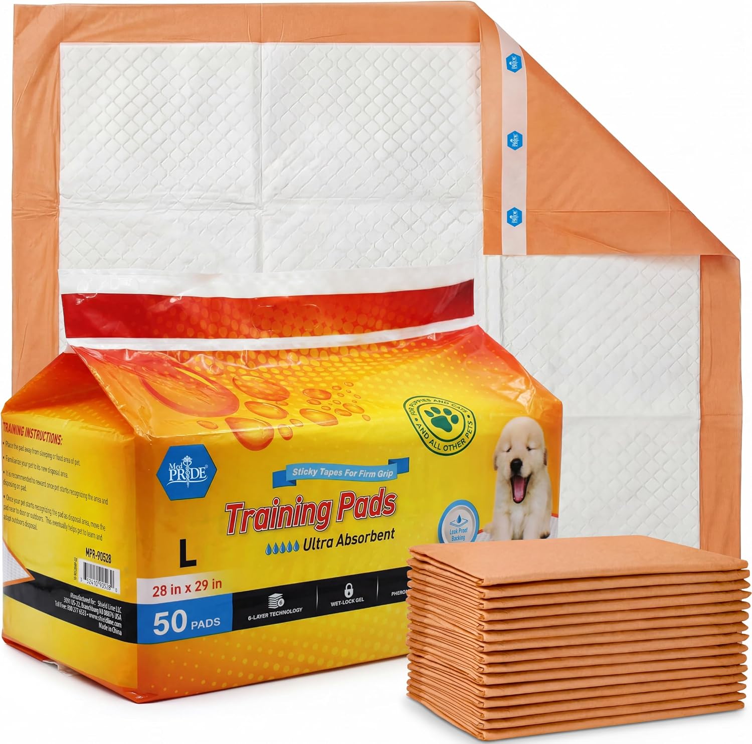 MED PRIDE Dog Training Pads with Adhesive Tabs & Attractant, 50 Count Puppy Pee Pads, 28 x 29 Inch Extra Large Disposable Potty Pads, 6-Layer Ultra Absorbent Leakproof Waterproof Pet Pads