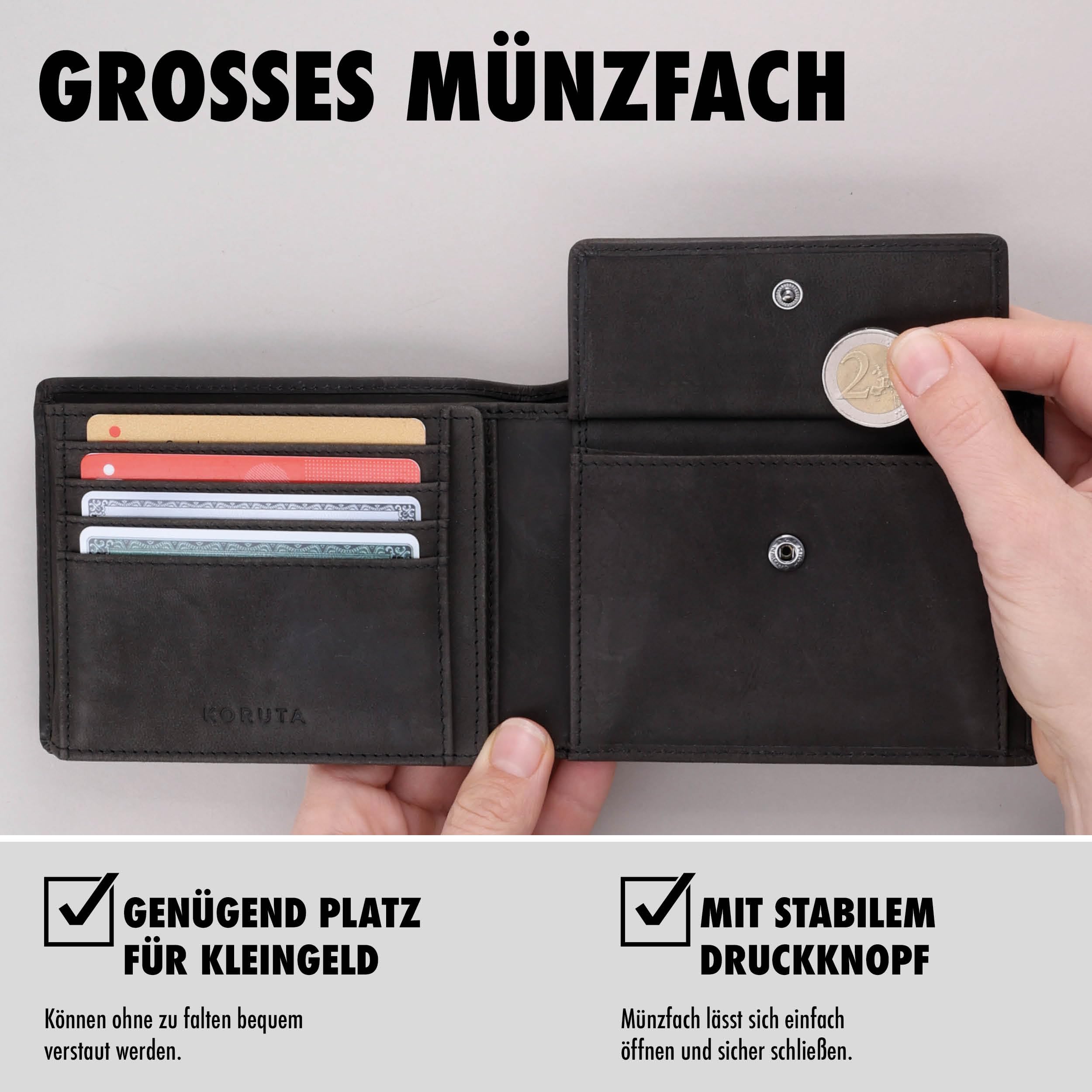 KORUTA Geldbörse Herren Leder Braun RFID Schutz Echtleder Portemonnaie Groß 13 Fächer Geldbeutel für Männer Brieftasche Wallet Schwarz