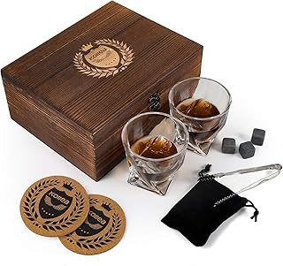 Whiskey Stones Gift Set, Kollea Whiskey Glass and Stones Set with 2 Whiskey Glasses and 8 Granite Whiskey Stones Ice Cubes in Wooden Gift Box, Whiskey Lovers Gifts for Men, Dad, Boyfriend