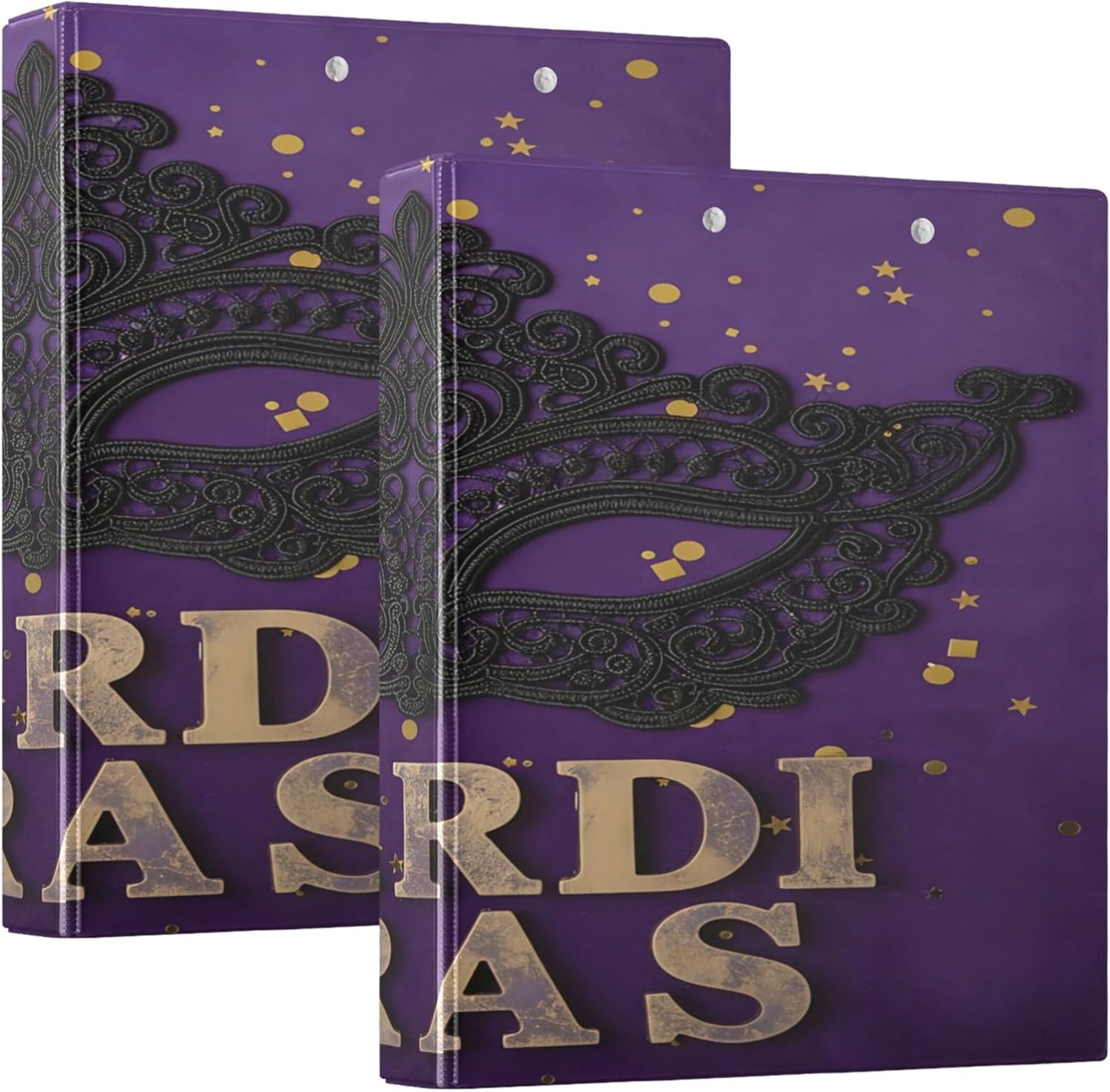 Mardi Gras Mask 3 Ring Binders, 1.5” Round Ring Binders with Clipboard - Letter Size, 3 Interior PVC Clear Pockets & Anti-Slip Clip for Office School Supplies, 2PCS
