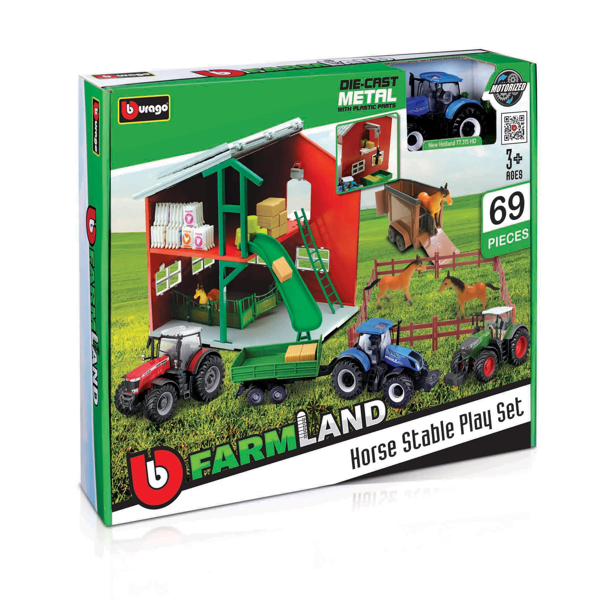 BBURAGO 69-TLG FARMLAND 1x Fendt 1050 Vario Traktor, grün, inkl. Pferdestall & Pferde - Bauernhof Modelltraktor Spielzeugtraktor mit Schwungrad-Antrieb, Spielzeugtraktor für Kinder ab 3+ (18-31682)