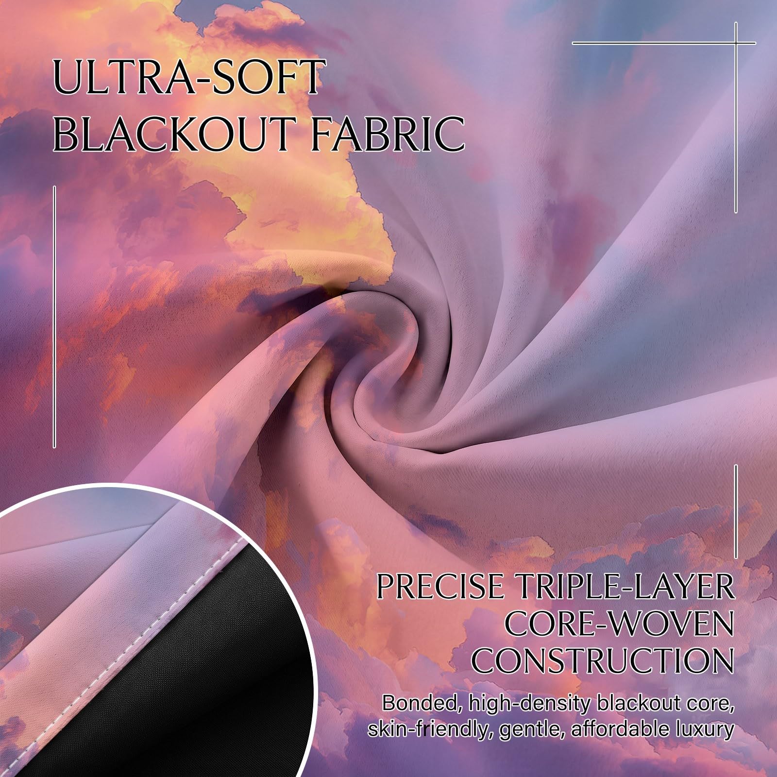 Photographie Nature Ciel Nuages Rideau Thermique Isolant Anti Froid 2 Pièces Rideaux 110 x 215 cm, Occultants & Isolation Thermique pour Salon/Chambre - Décoration Intérieure avec Œillets, Rose