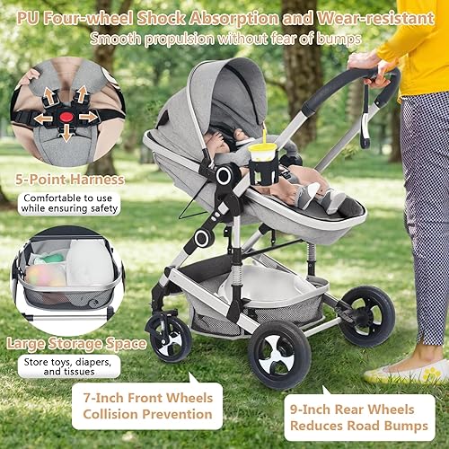 Miniatura 3 de Cochecito de bebé convertible, cochecito infantil plegable 3 en 1, cochecito alto de paisaje con respaldo y toldo ajustables, cochecito para recién