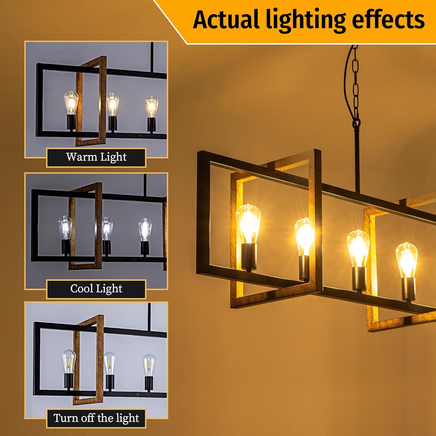 Wellmet Black Kitchen Island Chandelier, Farmhouse Modern Pendant Light Dining Room, 7-Light Wooden Paint Pendant Light for Living Room, Dining Table, Kitchen, Hallway, Restuarant