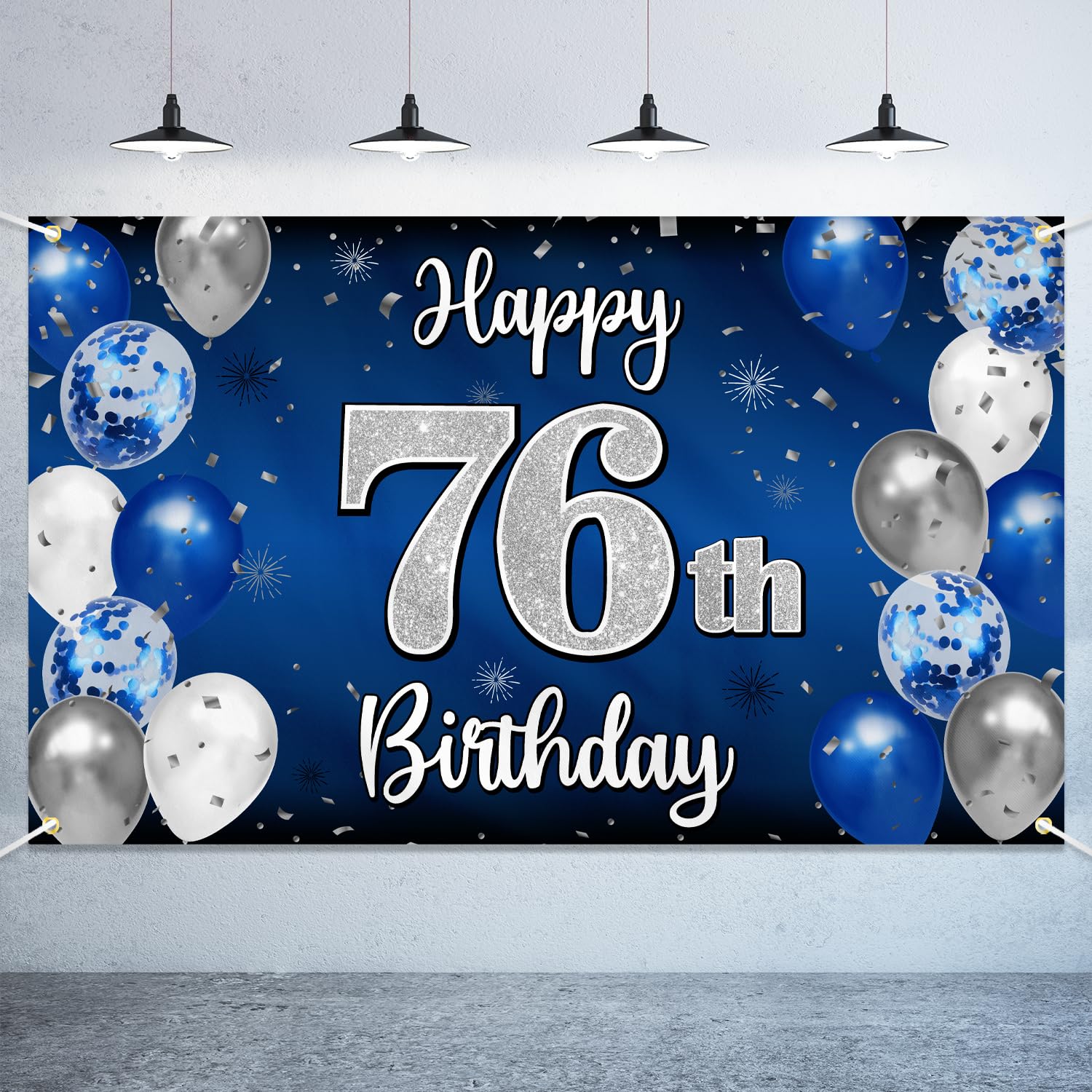 Nelbiirth Happy 76th Birthday Decorations,76th Blue & Silver Balloon Large Birthday Banner Backdrop Sign,Cheers to 76 Years Old Bday Party Supplies.