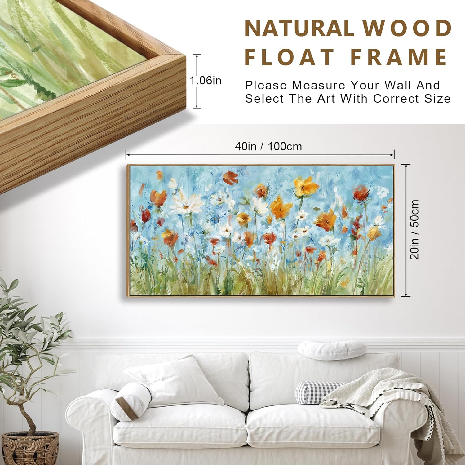 Framed Flower Canvas Wall Art Blossom Canvas Pictures Abstract Grey Cream Brown Landscape Artwork Canvas Prints for Home Living Room Bedroom Kitchen Office Wall Decor Ready to Hang 24x 48