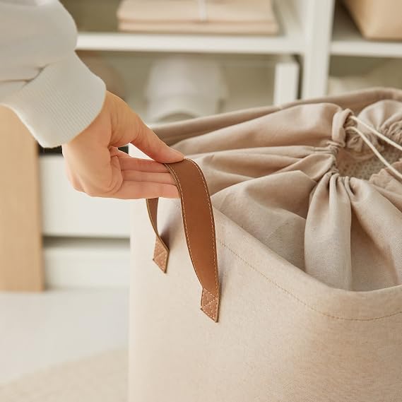 Ocean Home Textile Gathered Beige Color Laundry Basket 36 x 36 x 57 cm