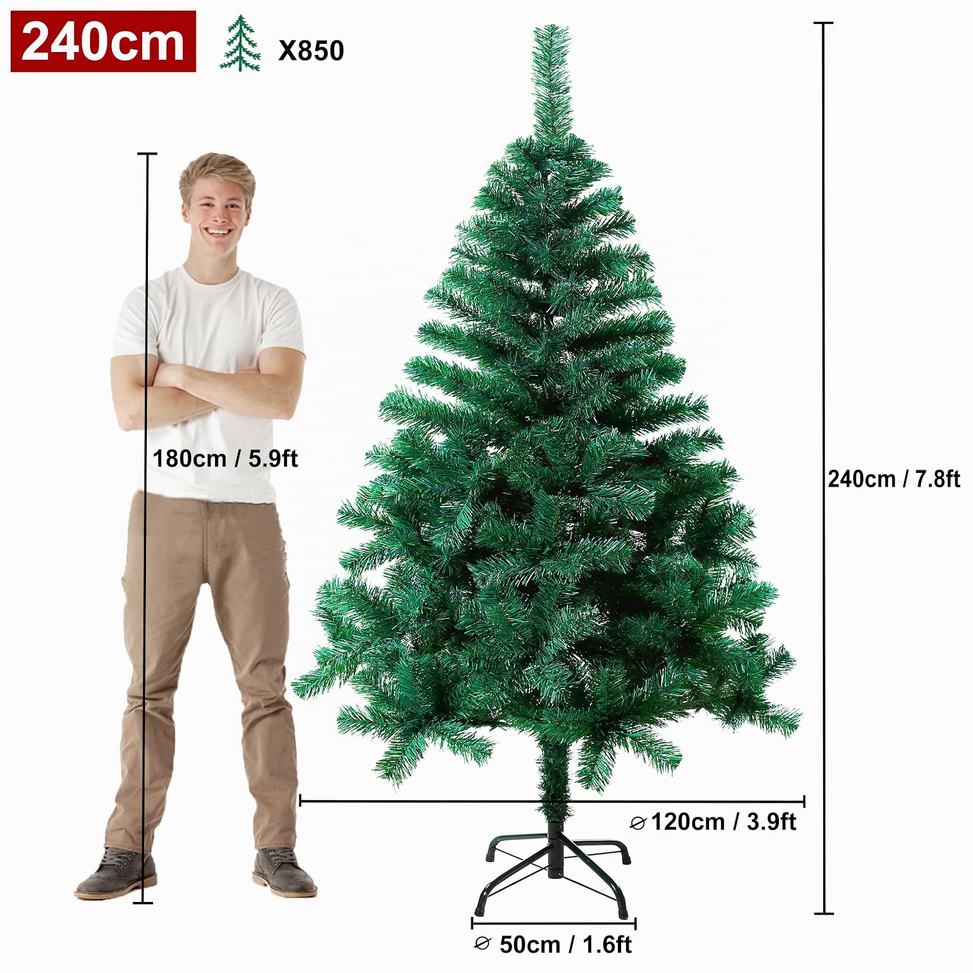 HENGMEI 240cm Artificial Árbol de Navidad Decoración Navideña, Material PVC, Verde con Soporte en Metal