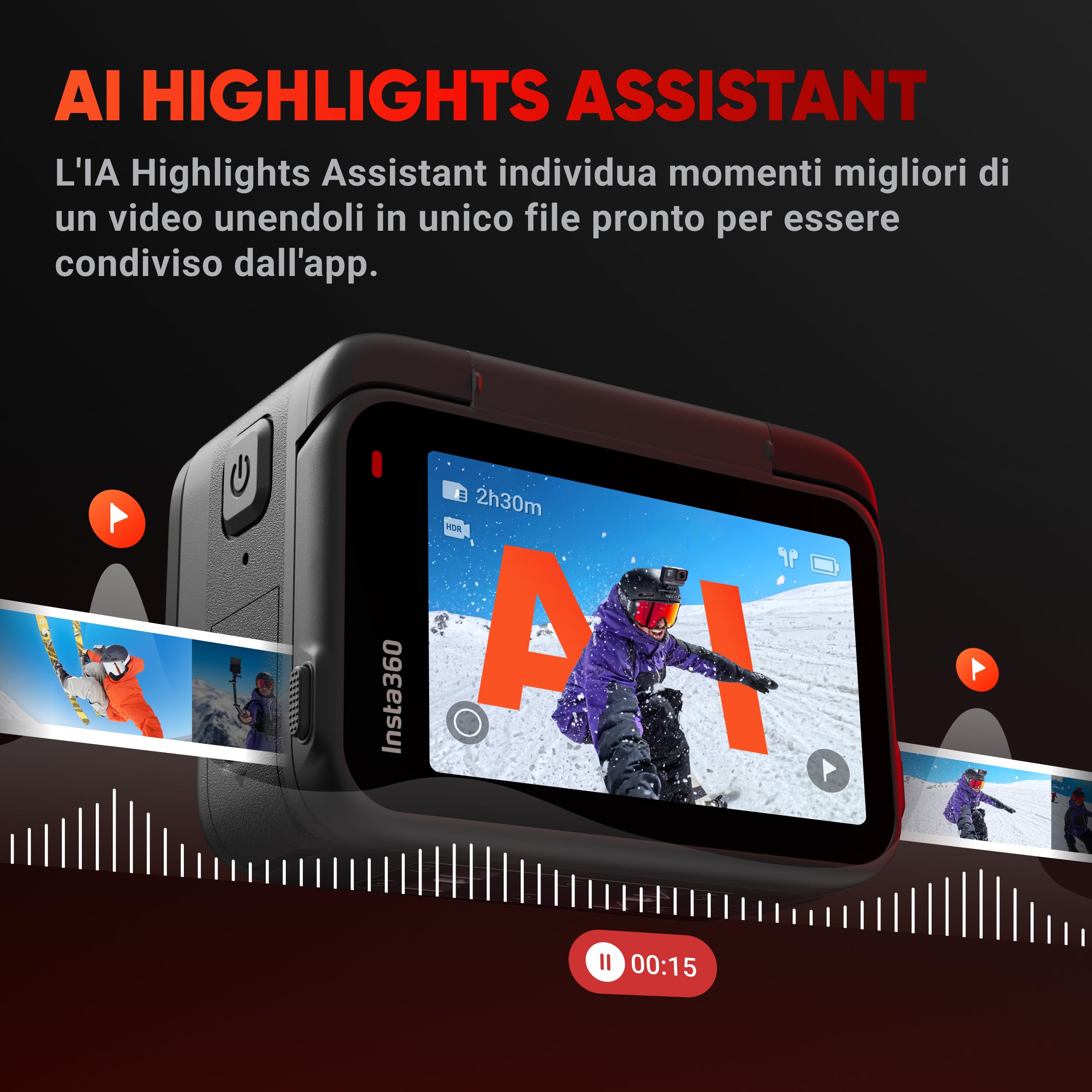 Insta360 Ace Pro - Action cam impermeabile Co-disegnata con Leica, sensore da 1/1.3" e riduzione del rumore per una qualità d'immagine imbattibile, 4K120fps, schermo orientabile da 2,4" e funzioni AI