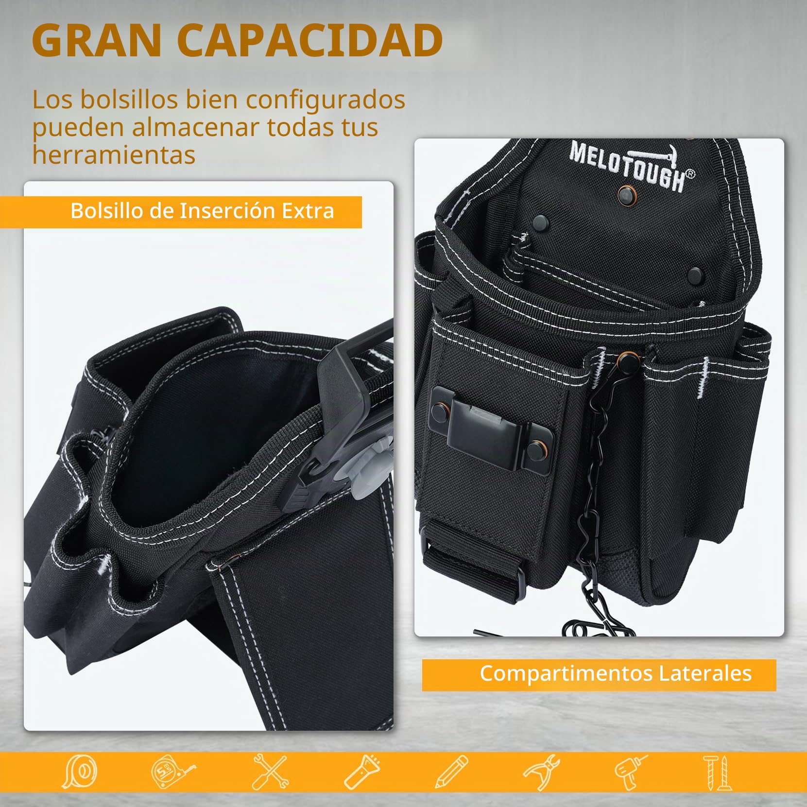 MELOTOUGH Bolsa de herramientas para electricista profesional para cinturón con clip de cinturón 9 bolsillos bolsa de herramientas artesanales con cinta adhesiva funda de cuerda