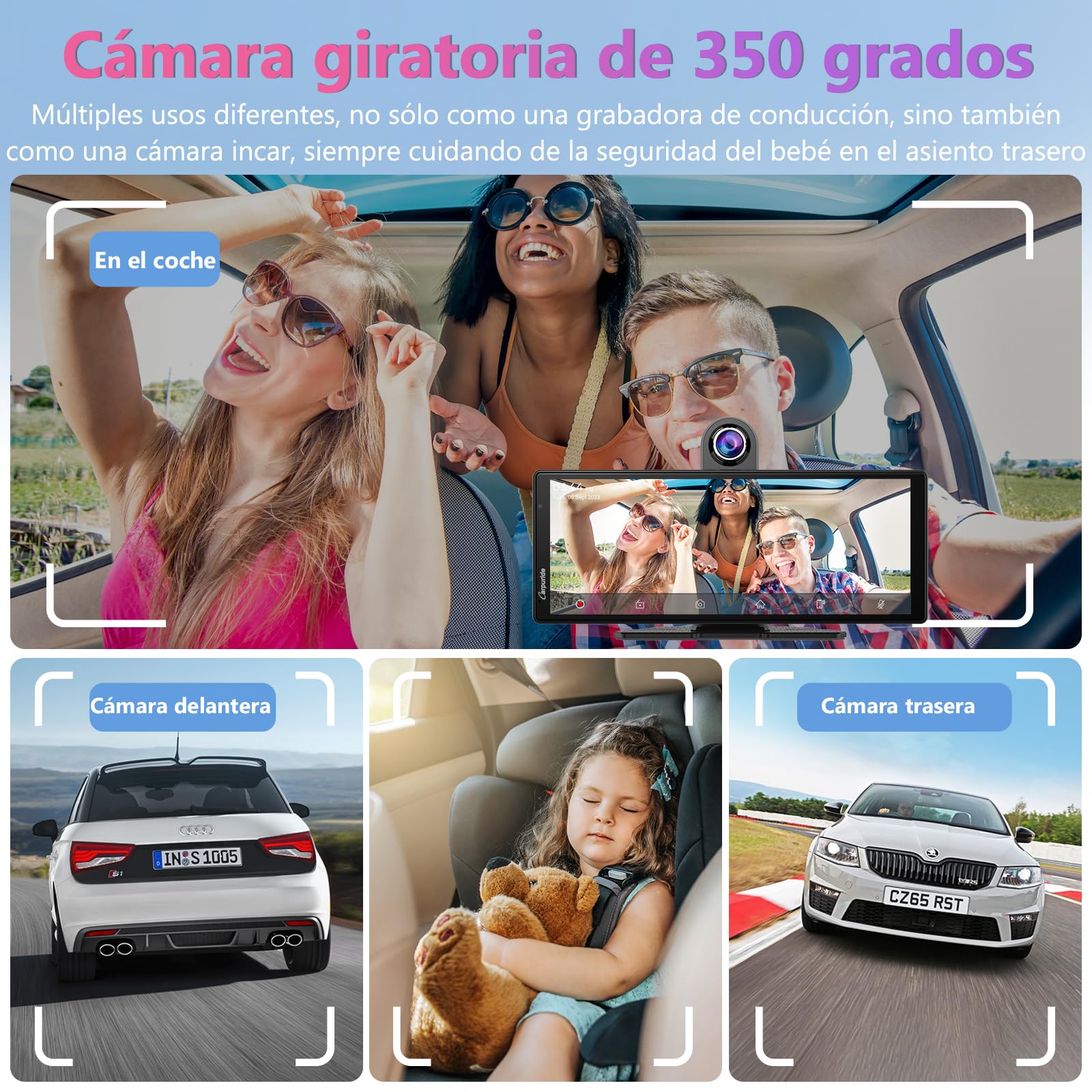 Carpuride W903 Carplay y Android Auto inalámbricos Portátiles con Cámara para Salpicadero 4K - Pantalla IPS HD de 9,3", Grabación en Bucle, Bluetooth, Mirror Link, GPS, Siri, Montaje en Salpicadero