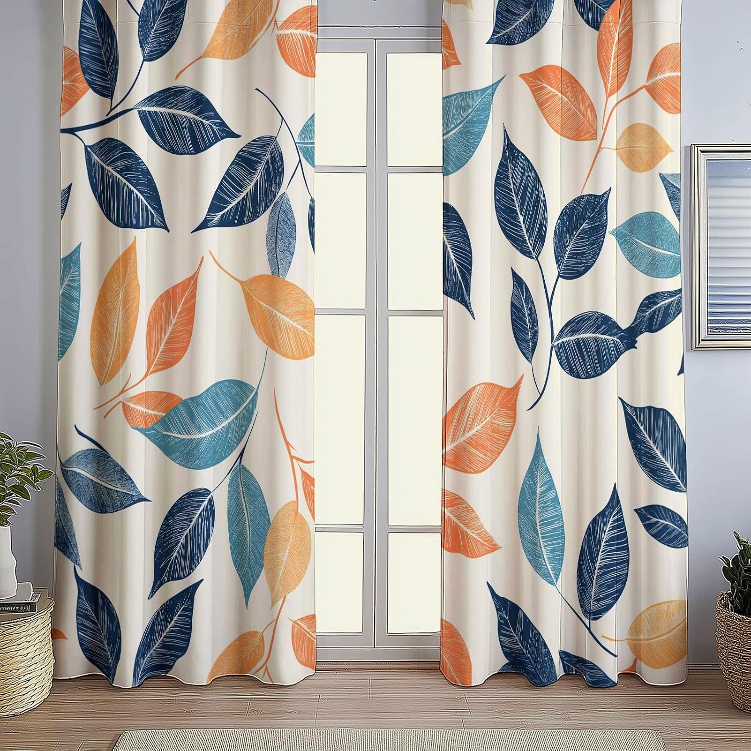 Blackout Curtains Bedroom Cartoon Hand-Painted Style Leaf Pattern, Geo-Thermal Insulated Energy Efficiency Window Treatment Sets Grommet Drapes for Kids Room 36" W x 84" L (Pack of 2), Light Blue