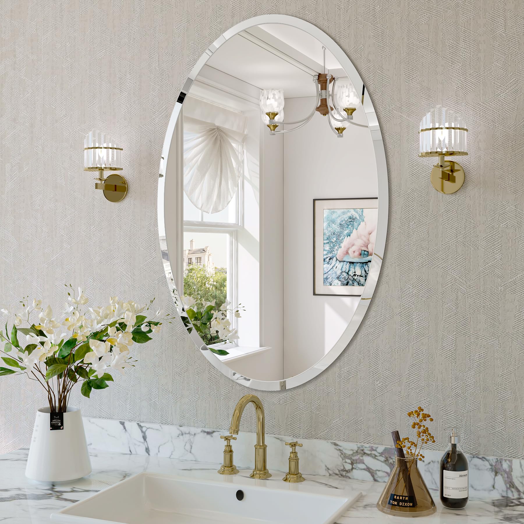 Frameless Oval Mirror 18x26 Beveled Oval Bathroom Mirrors Wall Mounted Vanity Mirror for Bedroom Entryway Living Room Hangs