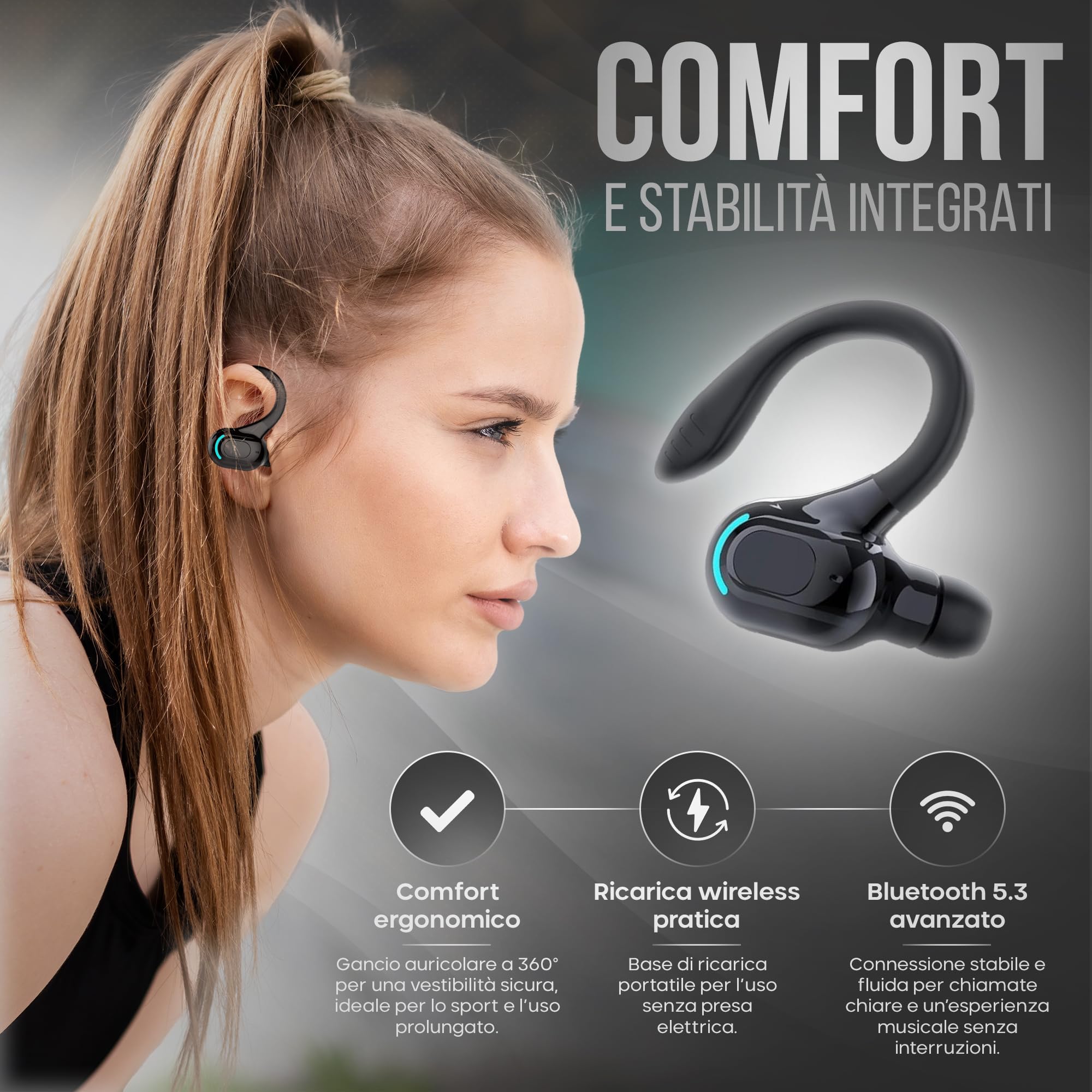 Bezprzewodowy zestaw słuchawkowy Bluetooth 5.2, uniwersalny, z nausznikiem 360°, wbudowany mikrofon, 60 godzin odtwarzania, bateria 70 mAh, ładowarka typu C 300 mAh, stereo, niezależna opcja słuchania