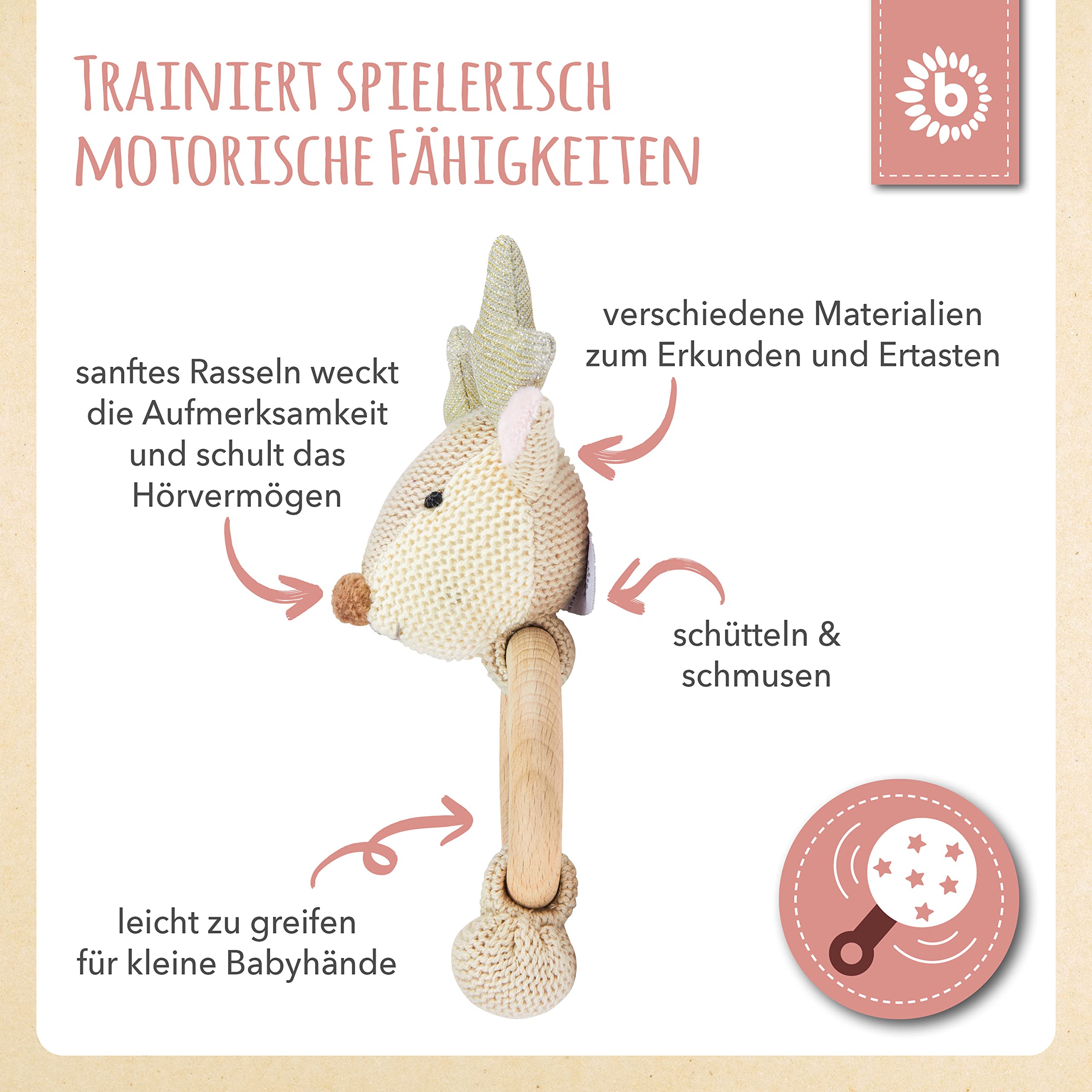 Bieco Houten Grijp- en Rammelaar Baby | 10cm, Lengte 17cm | Schattige Reekalf Rammelaar Katoen met Houten Ring | Baby Grijpspeeltje Jongen & Meisje | Grijpring Bieco Houten Grijp- en Rammelaar Baby | 10cm, Lengte 17cm | Schattige Reekalf Rammelaar Katoen met Houten Ring | Baby Grijpspeeltje Jongen & Meisje | Grijpring