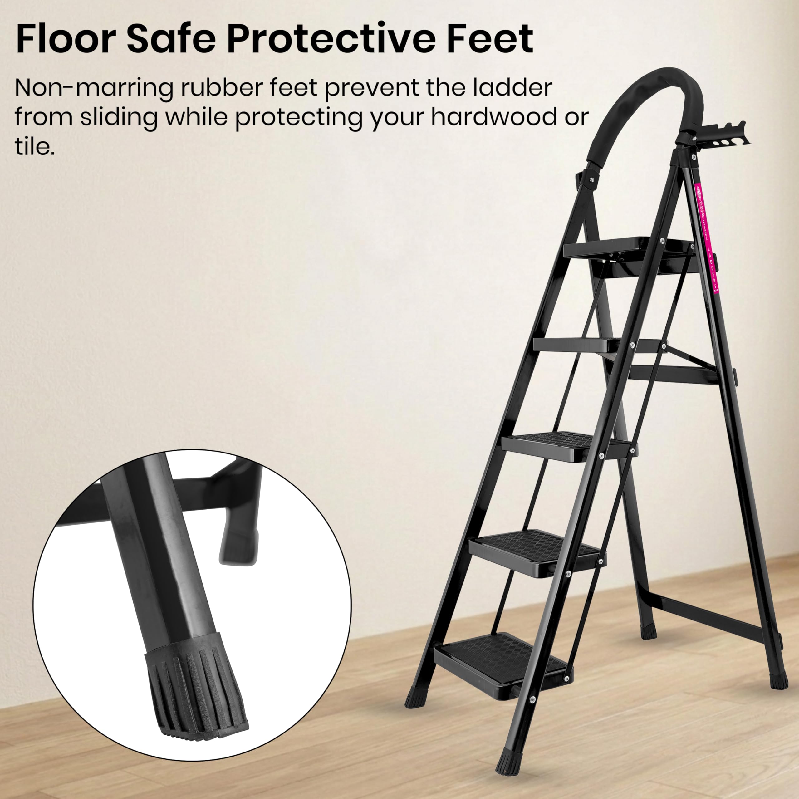 Casa Copenhagen Black 5 Step Ladder for Home Use with Built-in Tool Tray | Heavy Duty D Shape Rods | Ultra Large Platform | Wide Rubber Feet | 150Kg Capacity Foldable Ladder - 7 Years Warranty — Amazon image 6