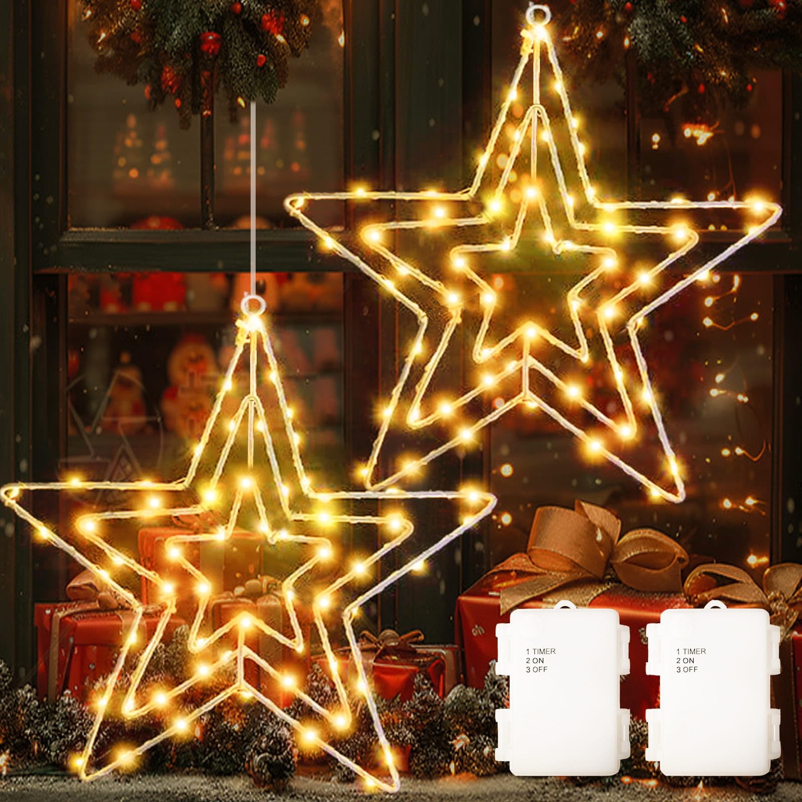 Yowin Stella di Natale Luminosa 2 Pezzi 75 LED Luci Natale da Esterno a Batteria con Timer, Addobbi Natalizi Impermeabile Decorazioni Finestra Natale per Interno Festa Albero Balcone Porta Portico