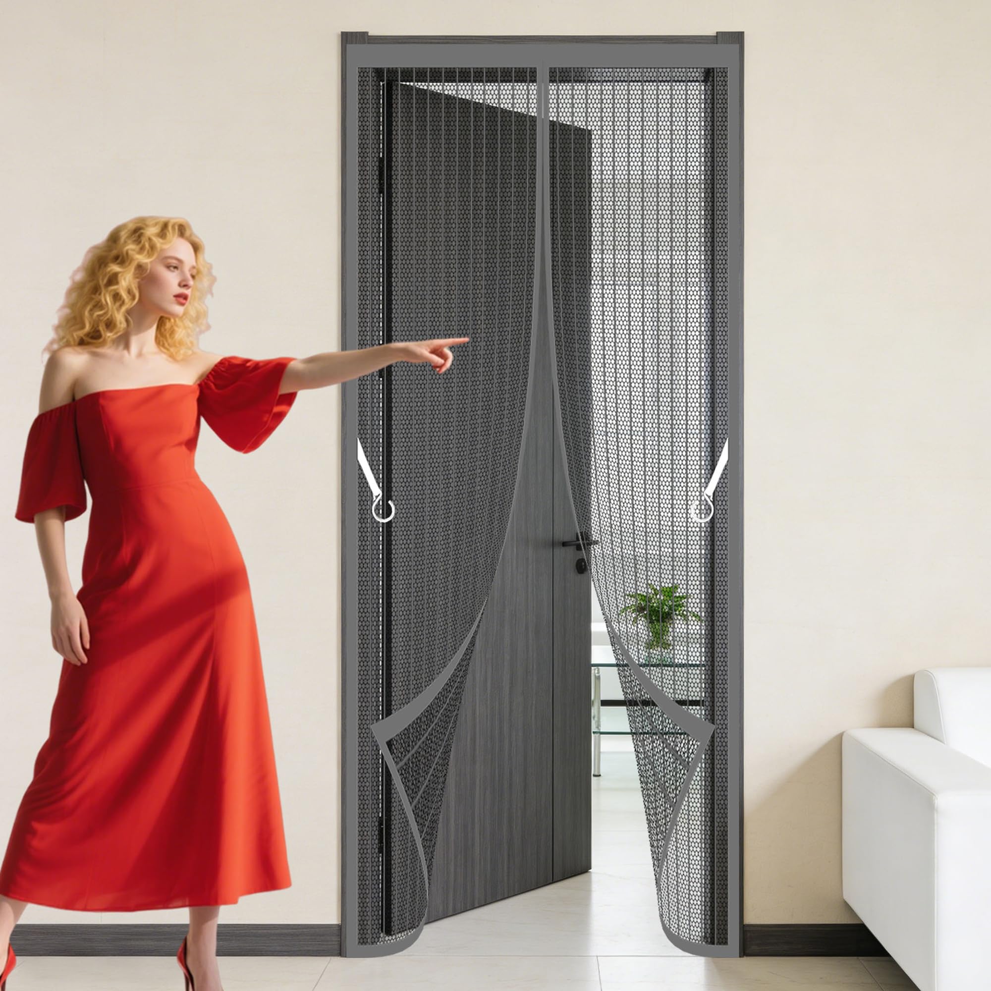 Wruijio Grey Door Screen 109 X 241 Cm With Powerful Magnets And Full Frame Magic Tape Magnetic Door Curtain For Homes Hands Free Auto Closing Suitable For Patio Room Balcony Bedroom,