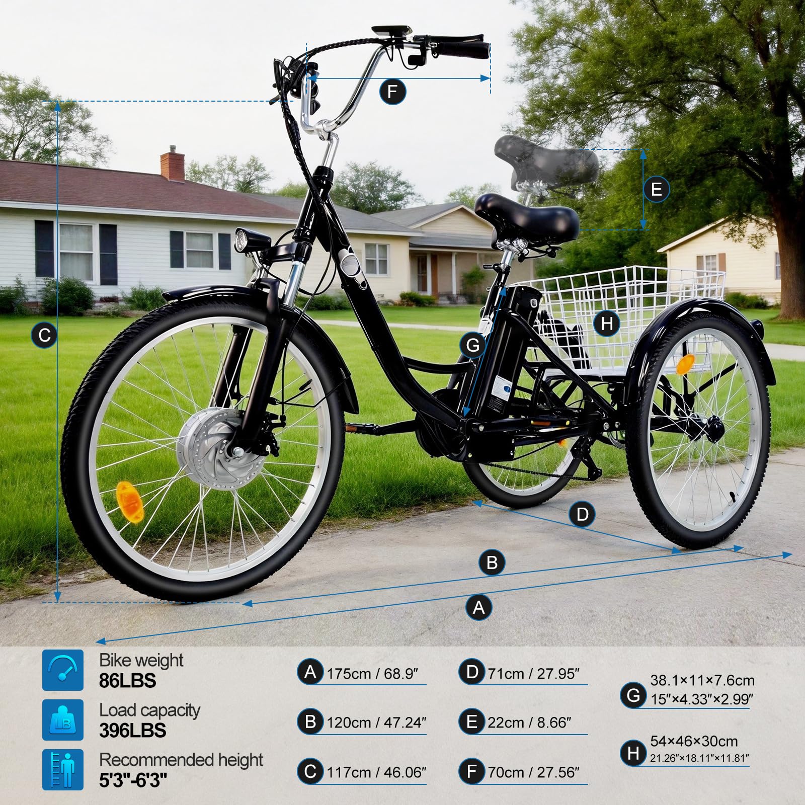 24 Zoll Elektrisches Dreirad für Erwachsene, 3-Rad-7-Gang-Seniorenfahrrad mit Einkaufskorb, mit G51 LCD-Display, 36V 15Ah Senioren-Transportdreirad, Outdoor Fahren Dreirad Freizeit Cityräder