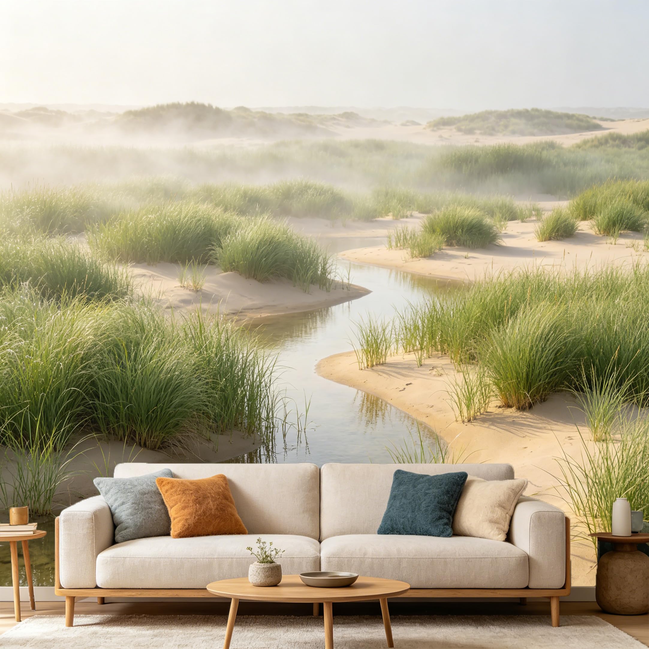 Custom Size Wall Mural Coastal Beach Dunes Sand Creek Foggy Morning Landscape，SelfAdhesive Art Prints wall Fabric（No PVC） Removable Wallpaper Home Bedroom Decor