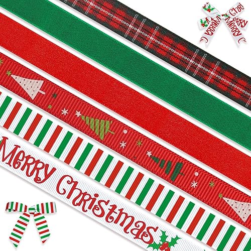 Threetols 6 rollos de 30 yardas de cinta de Navidad de 38 pulgadas, cintas de grogrén a rayas de Navidad verde y rojo, cintas de satén para árbol de