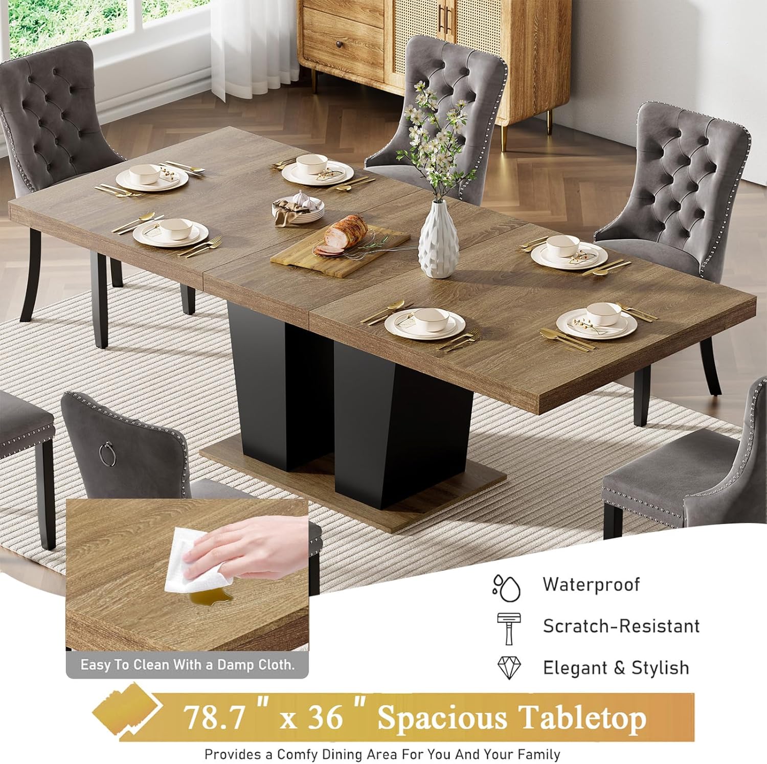 Pvillez 63"-79" Extendable Dining Room Table for 6 8 10,Modern Farmhouse Wood Kitchen Dining Table with Sturdy Pedestal Base, Rectangle Extendable Transformer Table for Dining, Gatherings, Meeting Brown Black-dual Base