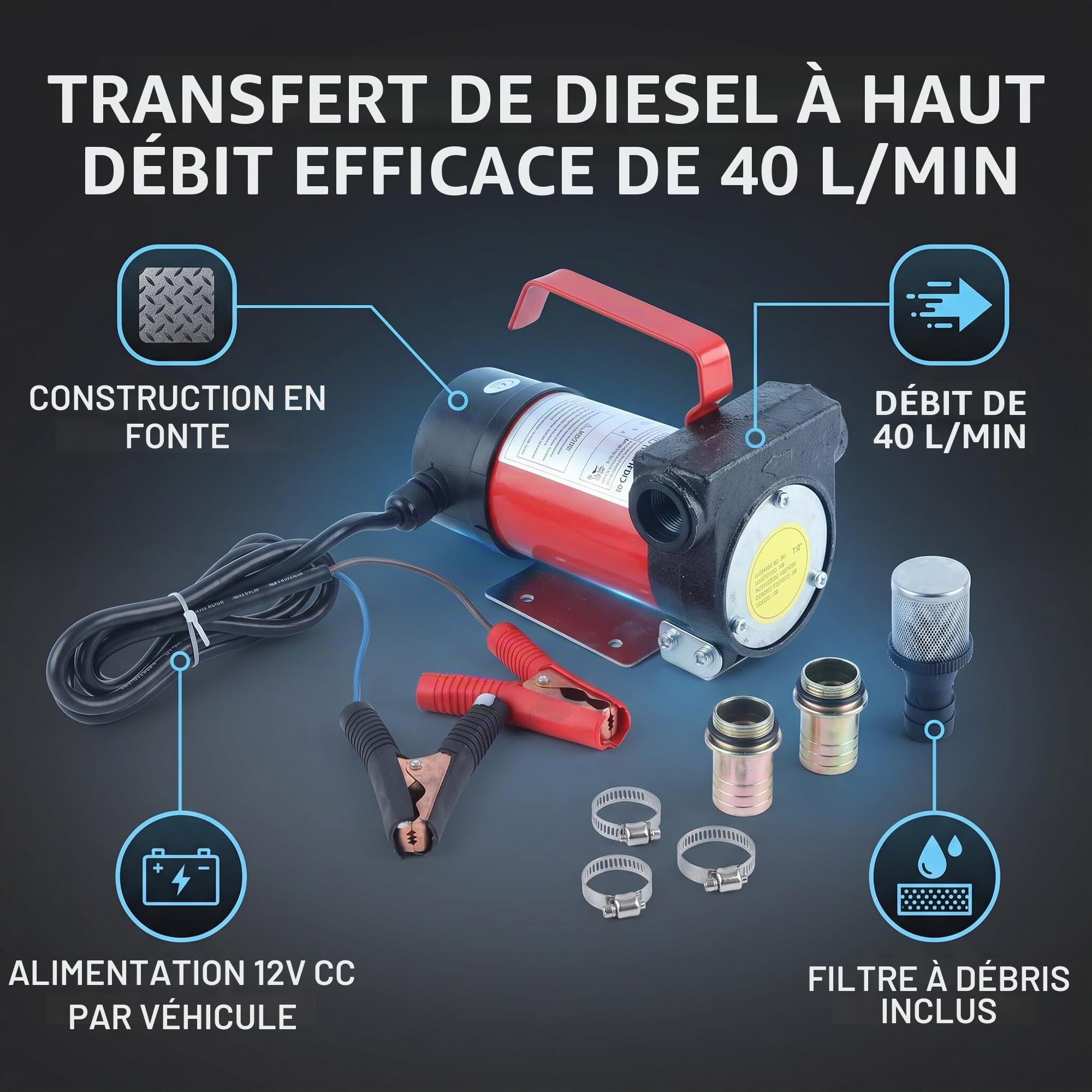 Pompe , 12V DC 160W pompe gasoil, pompes à carburant, pompe d'aspiration d'huile pompe electrique carburant portable 40L/min avec filtre, pour pomper du et du kérosène