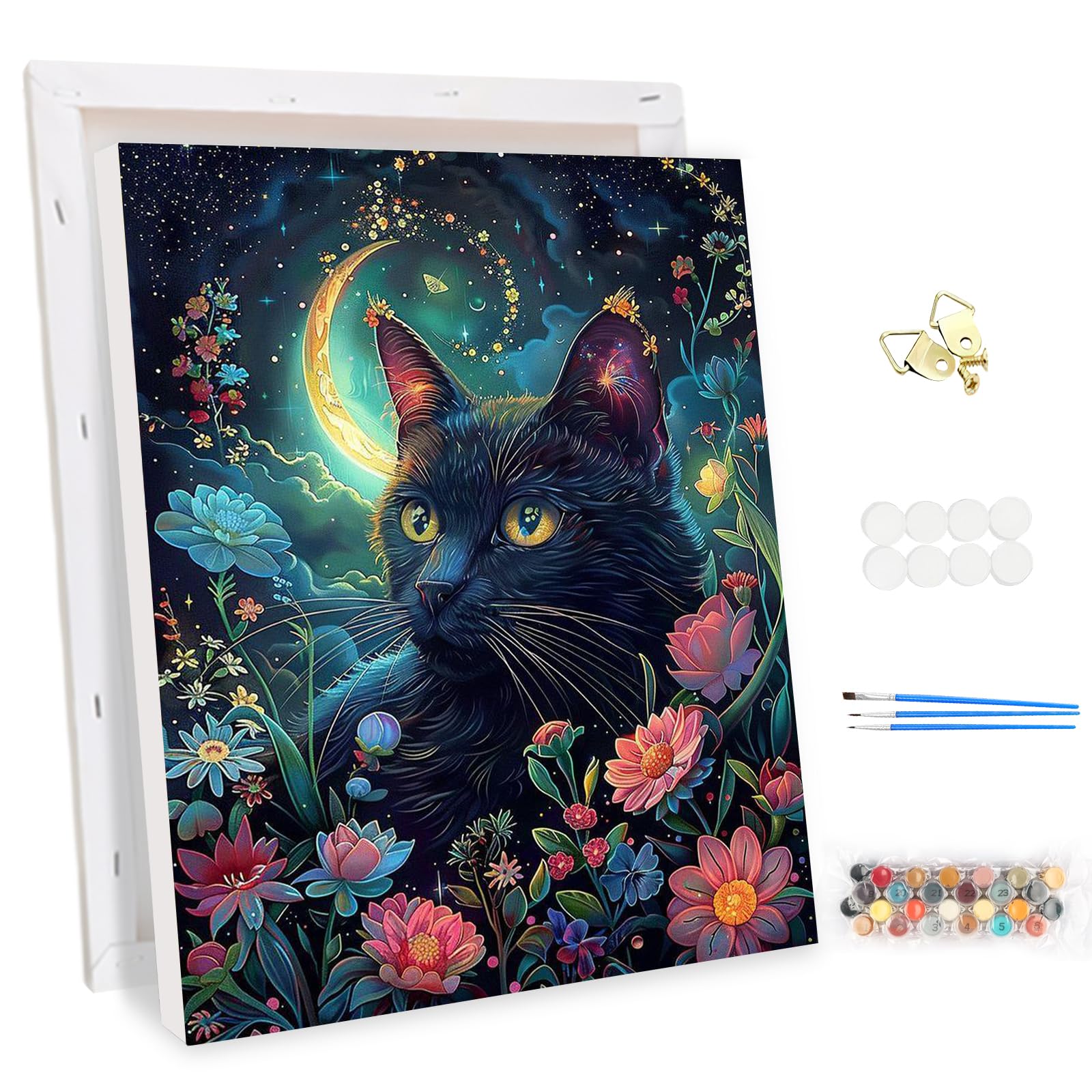 MEIYUDA Peinture par Numero Adulte avec Cadre, Chat noir Kit de Peinture à l 'Huile sur Toile par Numéro, Decoration Maison Cadeau 25x35cm