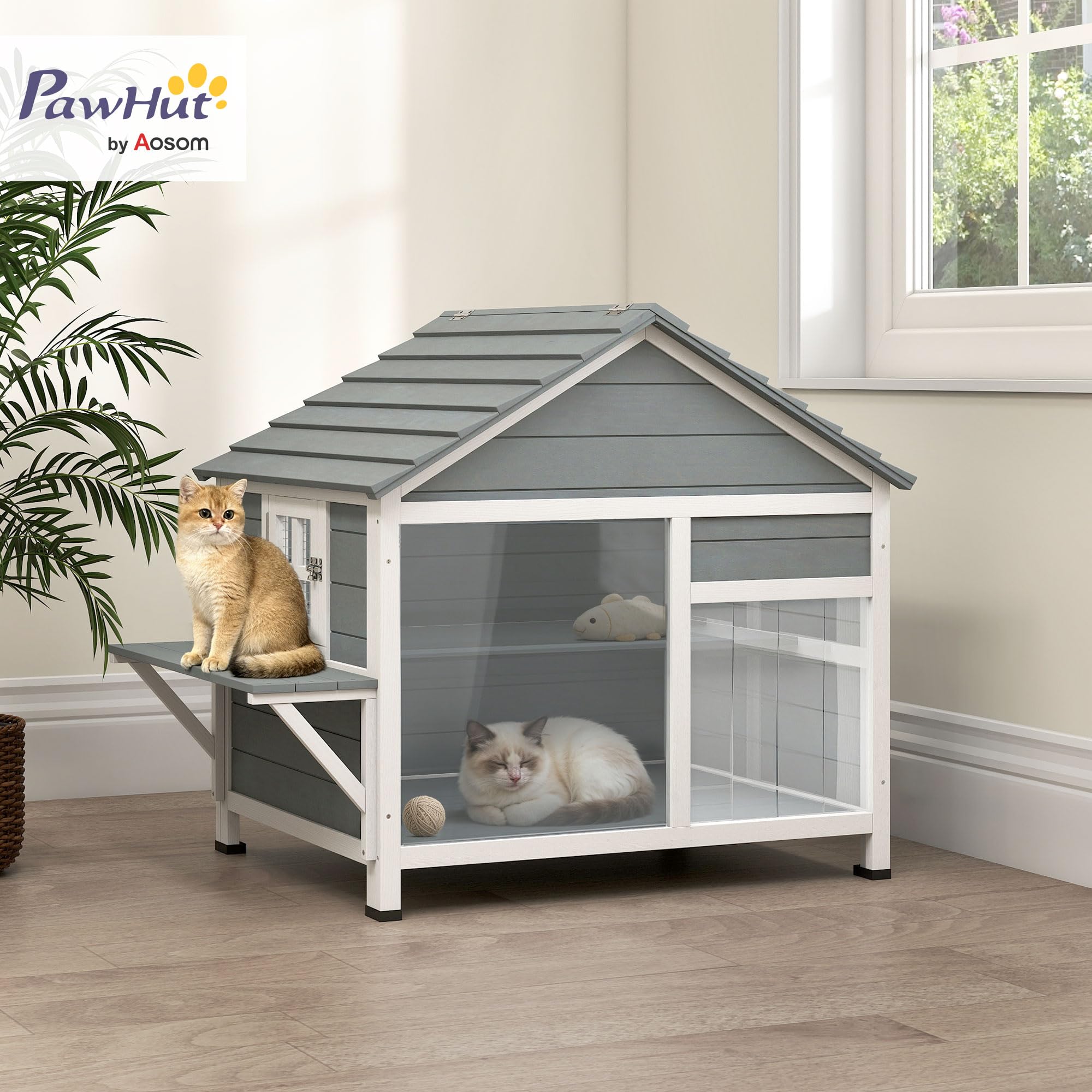 PawHut Casa per gatti in legno resistente alle intemperie con tetto apribile, nicchia esterna con finestra, porta a lamelle e piattaforma, grande villa gatto a doppio piano, 101 x 72,5 x 81 cm, grigio