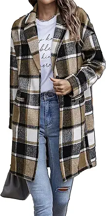 PRETTYGARDEN Women Plaid Shacket Jacket Trendy Fall Casual Button Wool Blend Tartan Trench Coat Winter Clothing with Pockets