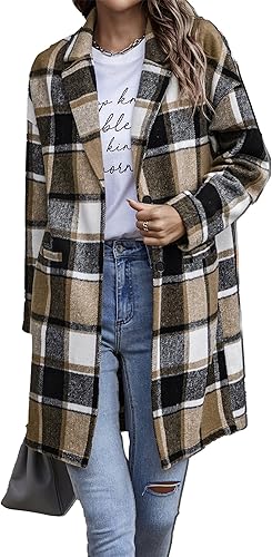 PRETTYGARDEN Women Plaid Shacket Jacket Trendy Fall Casual Button Wool Blend Tartan Trench Coat Winter Clothing with Pockets