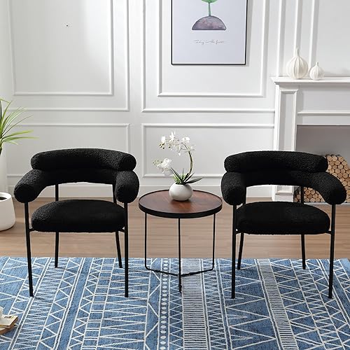Juego de 2 sillas de comedor modernas de mediados de siglo, silla tapizada de tela Boucle, sillón de sherpa con patas de metal negro para comedor,