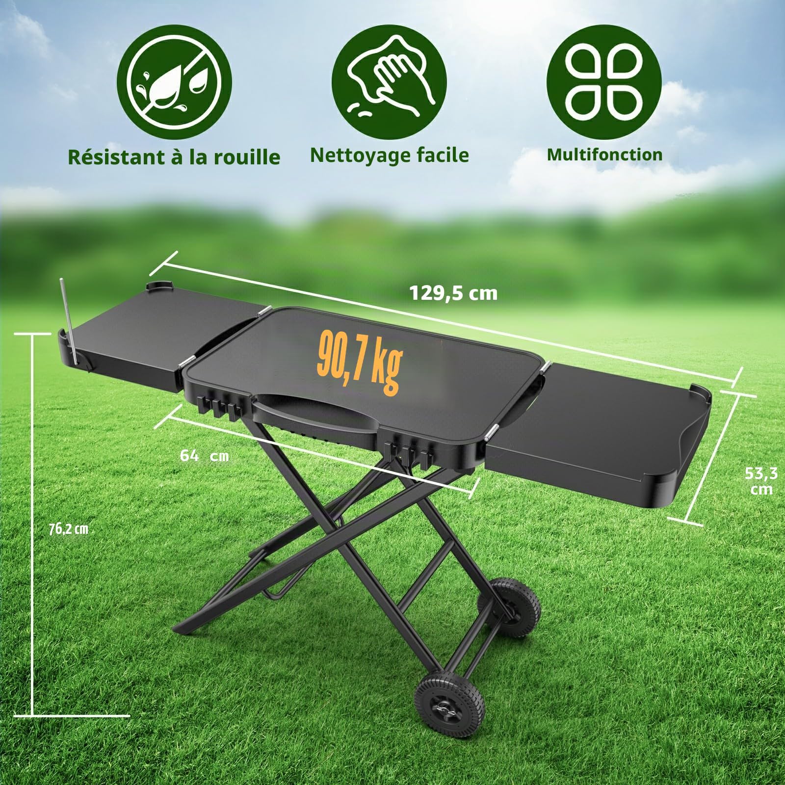 Chariot de barbecue pliable, chariot de cuisine extérieur mobile avec plan de travail en acier inoxydable, roues, 2 étagères et 6 crochets, compatible avec Ninja Woodfire, Weber Q, Blackstone