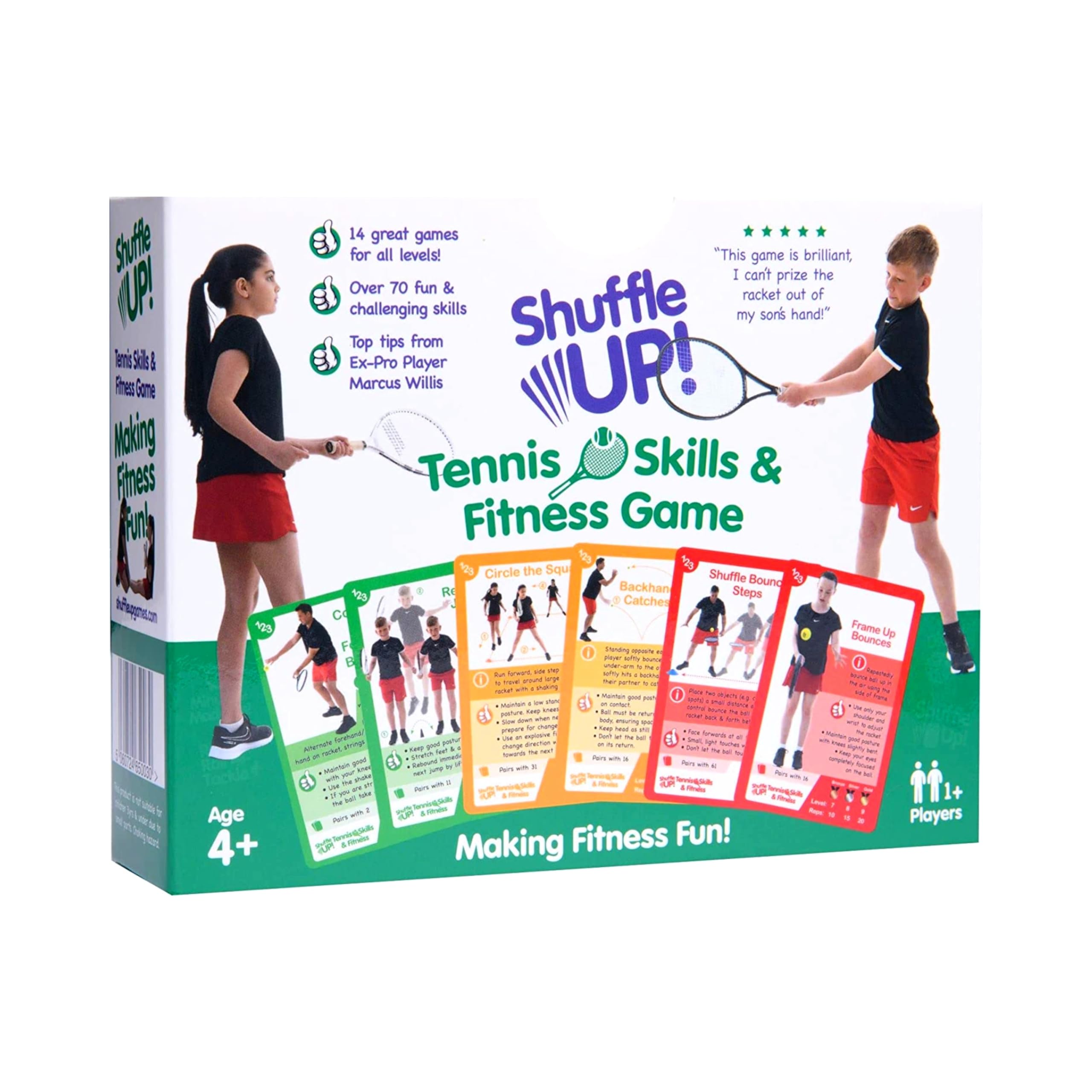 Shuffle Up Tennis Card Games - 70+ Fun & Active Skills Cards for Kids, Fitness Cards Develop Fundamentals, Stamina & Strength, Easy to Play for Kids | Multiple Skill Level Cards Include 2 Dices